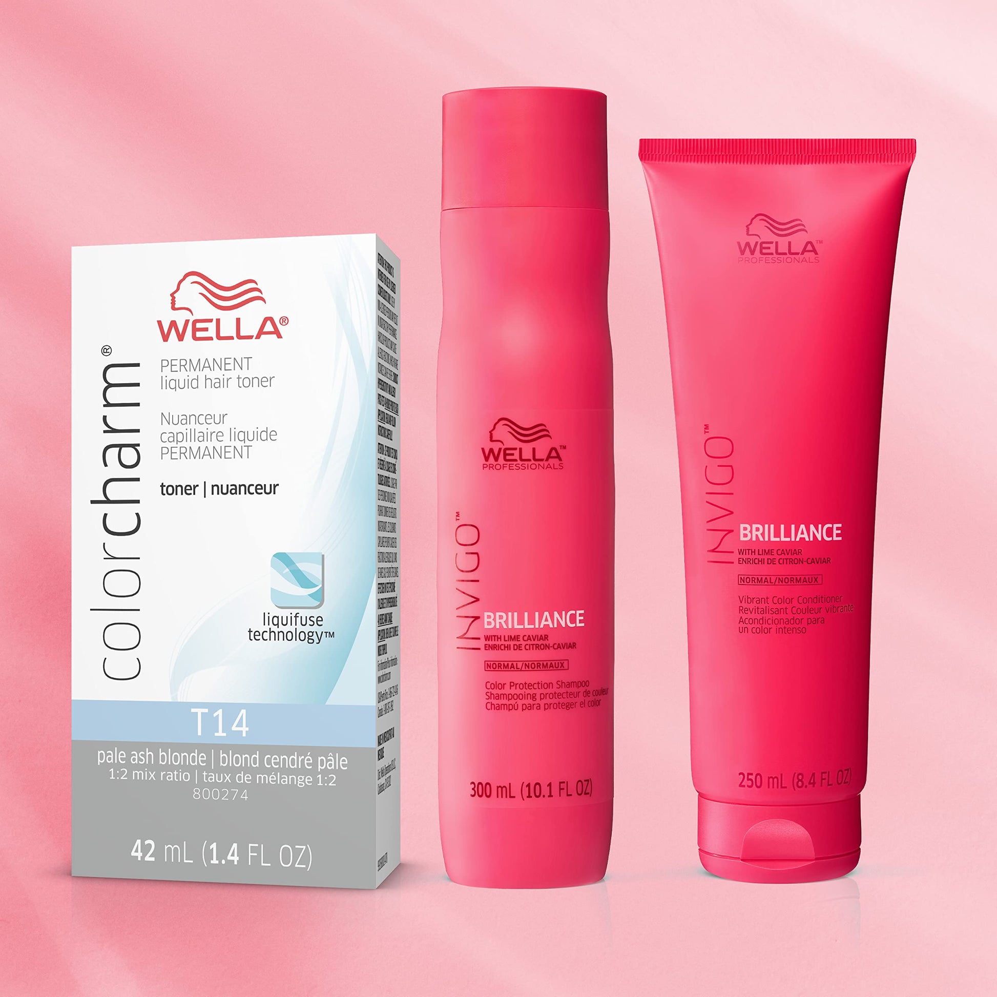 Light Pink WELLA Color Charm Wella Professionals Invigo Brilliance Color Protection Shampoo & Conditioner, For Fine Hair + Hair Toner, Neutralize Brass, T14 Silver Lady