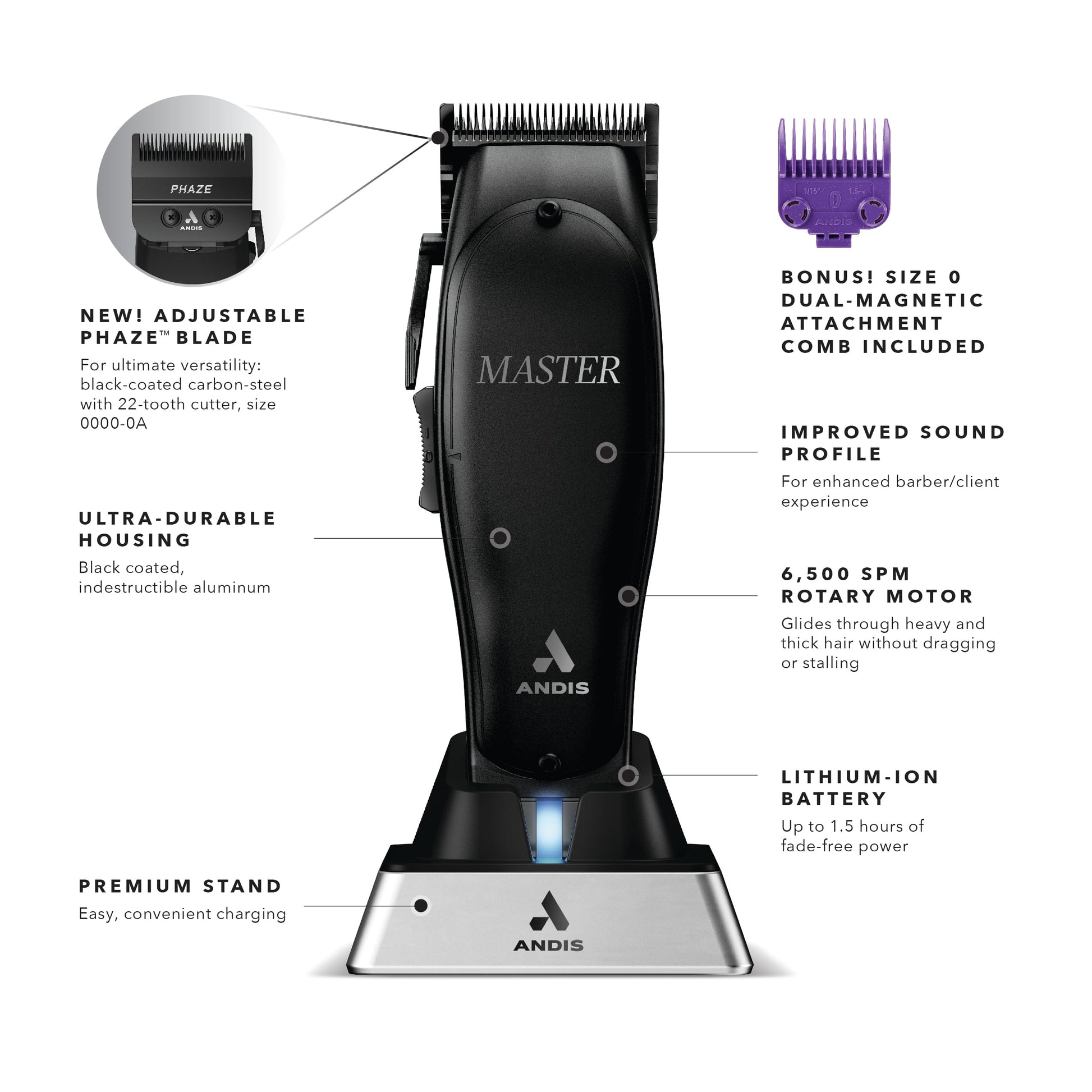 White Smoke Andis Black Label MLC Professional Master Cordless Lithium-Ion Hair Clipper, Adjustable Carbon Steel Blade for Close Cutting, Black