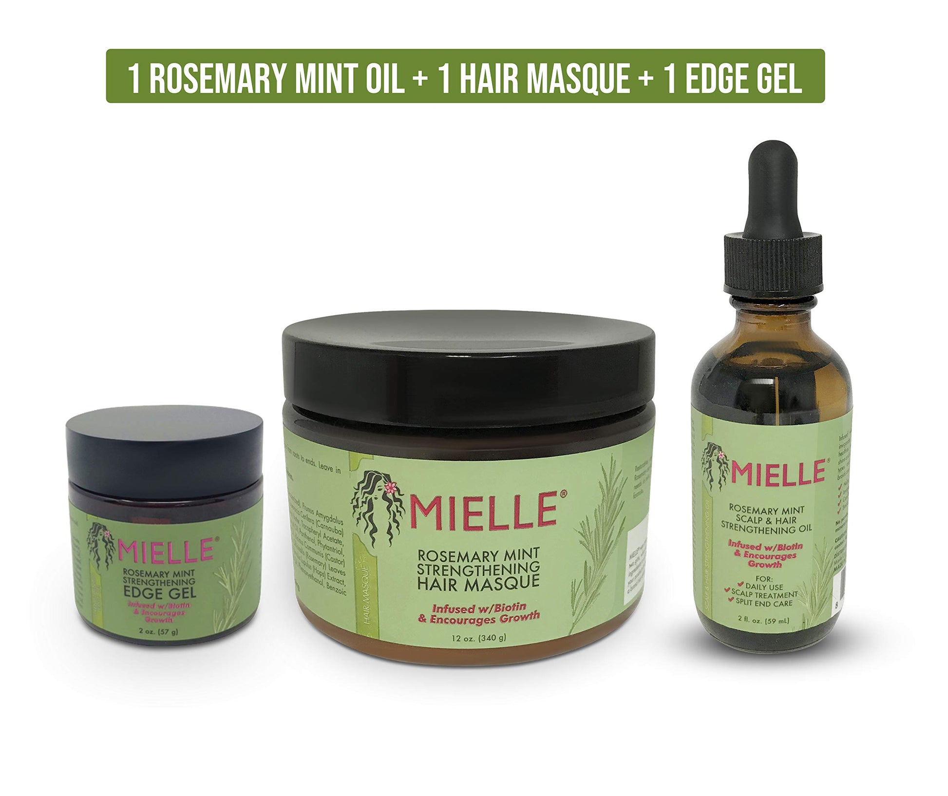 White Smoke Mielle Organics Complete COMBO: Rosemary Mint Organic Hair Oil (2 fl oz), Hair Masque (12 fl oz), Strengthening Edge Gel