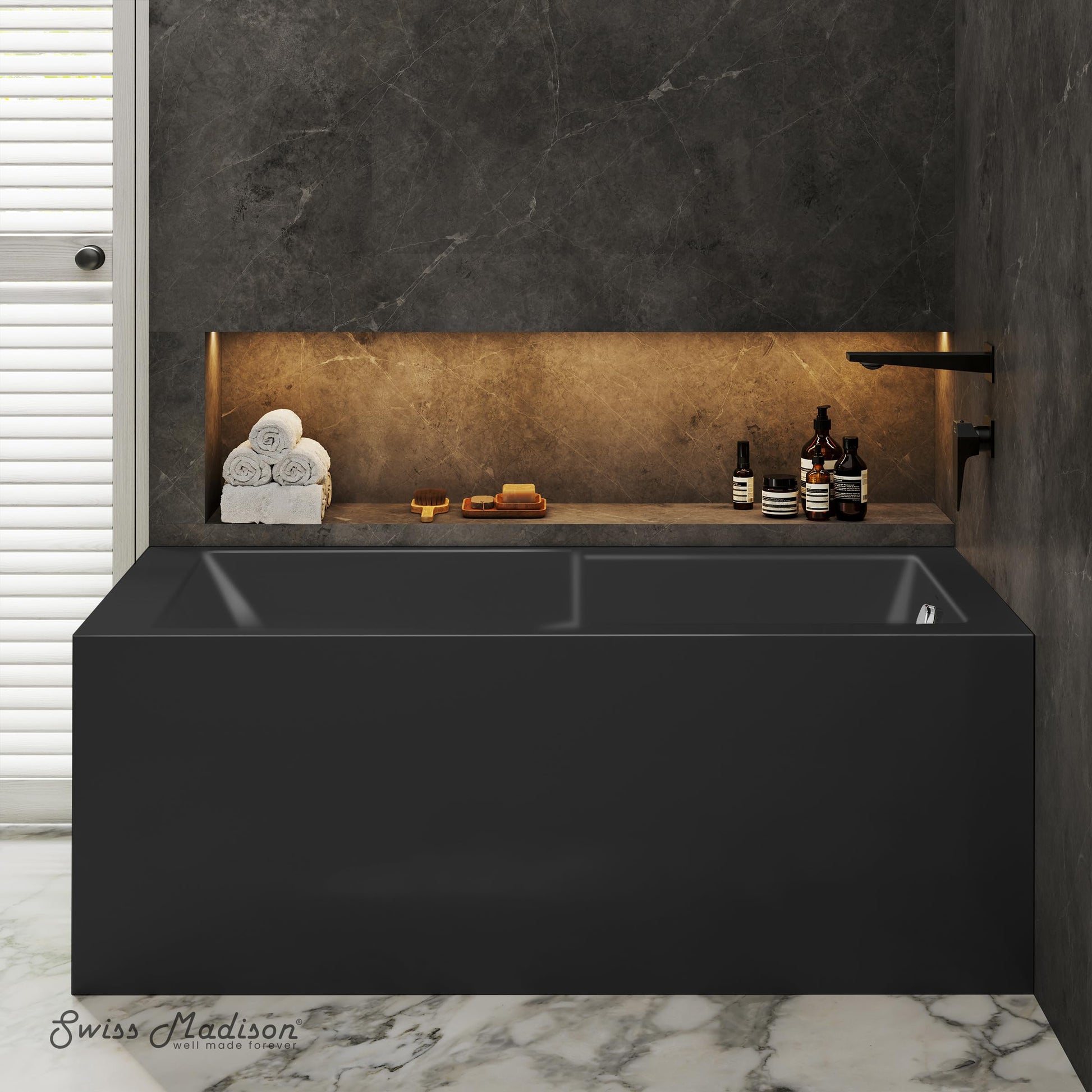 Dark Slate Gray Swiss Madison Claire 60 x 32 Right Drain Soaking Alcove Corner Apron Bathtub in Glossy Black