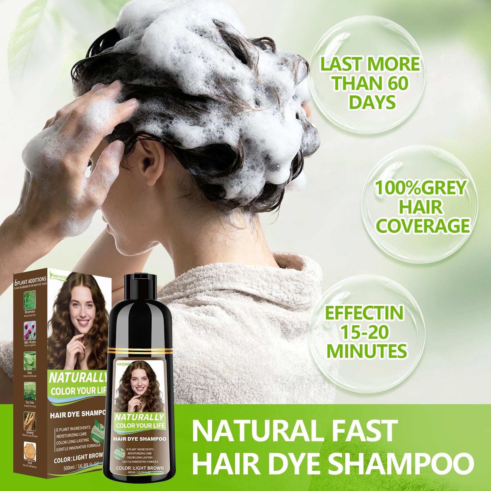 Lavender RKQNIER Light Brown Hair Dye Shampoo for Women & Men, 15 Min Gray Coverage, 3 in 1 Semi-Permanent Color with Natural Herbal Ingredients, Lasts 60 Days