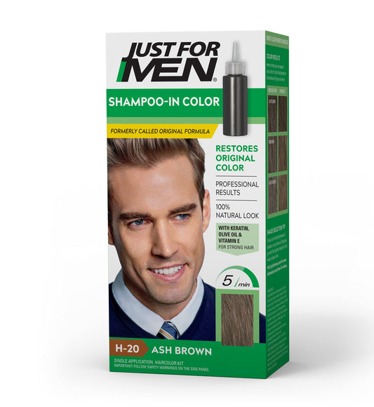 White Smoke Just For Men Shampoo-In Color (Formerly Original Formula), Mens Hair Color with Keratin and Vitamin E for Stronger Hair - Ash Brown, H-20, Pack of 1