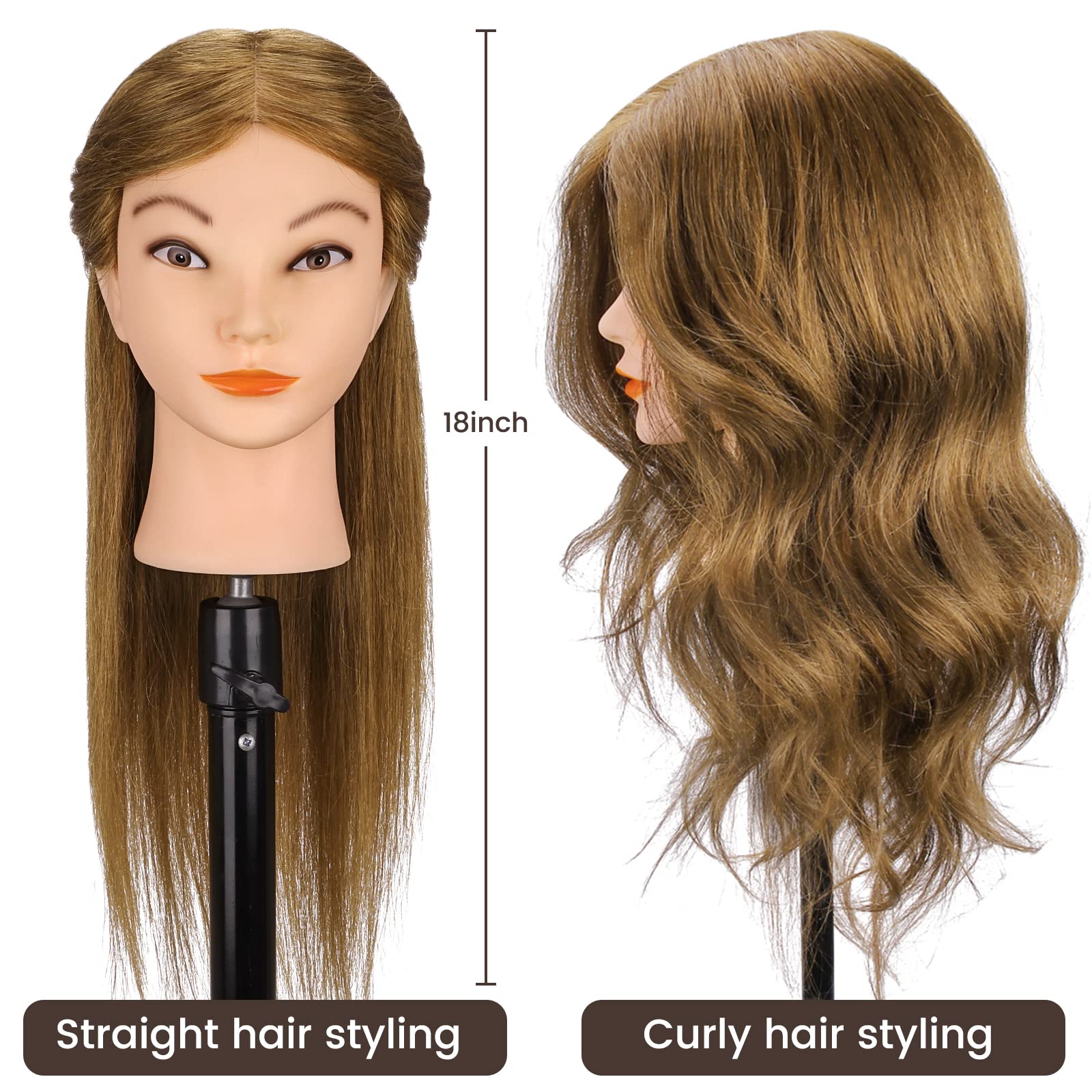White Smoke Mannequin Head with 100% Real Hair for Cosmetology, CENOZ 18" Light Brown Hairdresser Training Head with Clamp Holder and Tool, Doll Head Mannequin Head for Hair Styling Practice