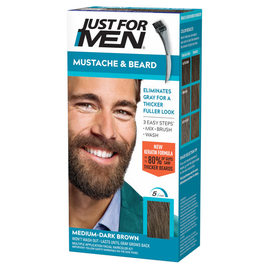 White Smoke Just For Men Mustache & Beard multiple uses Beard Coloring for Gray Hair with Brush, Keratin Biotin Aloe and Coconut Oil for Healthy Facial Hair Medium-Dark Brown, M-40, Pack of 1 (Packaging May Vary)