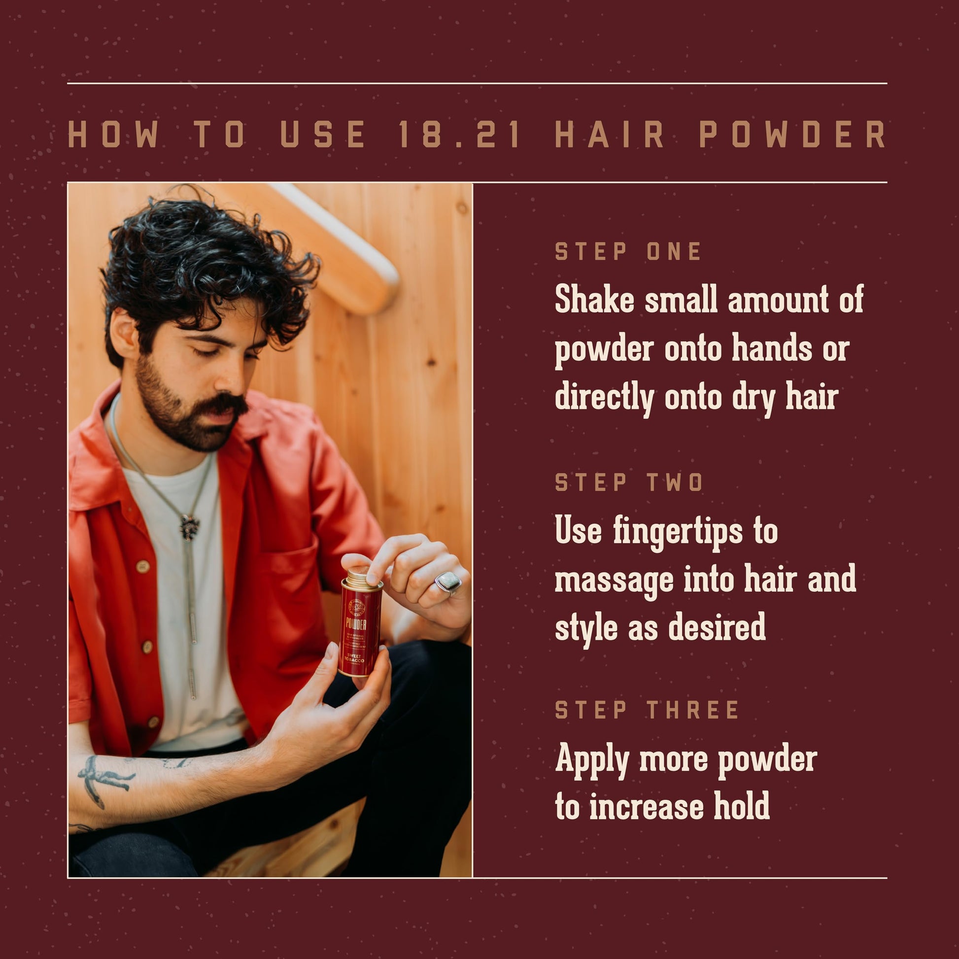 Dark Red 18.21 Man Made Hair Styling Powder for Men, Adds Volume, Texture, and Absorbs Oil with a Matte Finish, Flexible Hold, and Bold Sweet Tobacco Scent