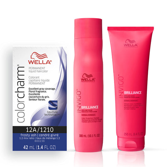 White Smoke Wella Professionals Invigo Brilliance Color Protection Shampoo & Conditioner, For Fine Hair + Wella ColorCharm Permanent Liquid Hair Color for Gray Coverage, 12A Frosty Ash Blonde