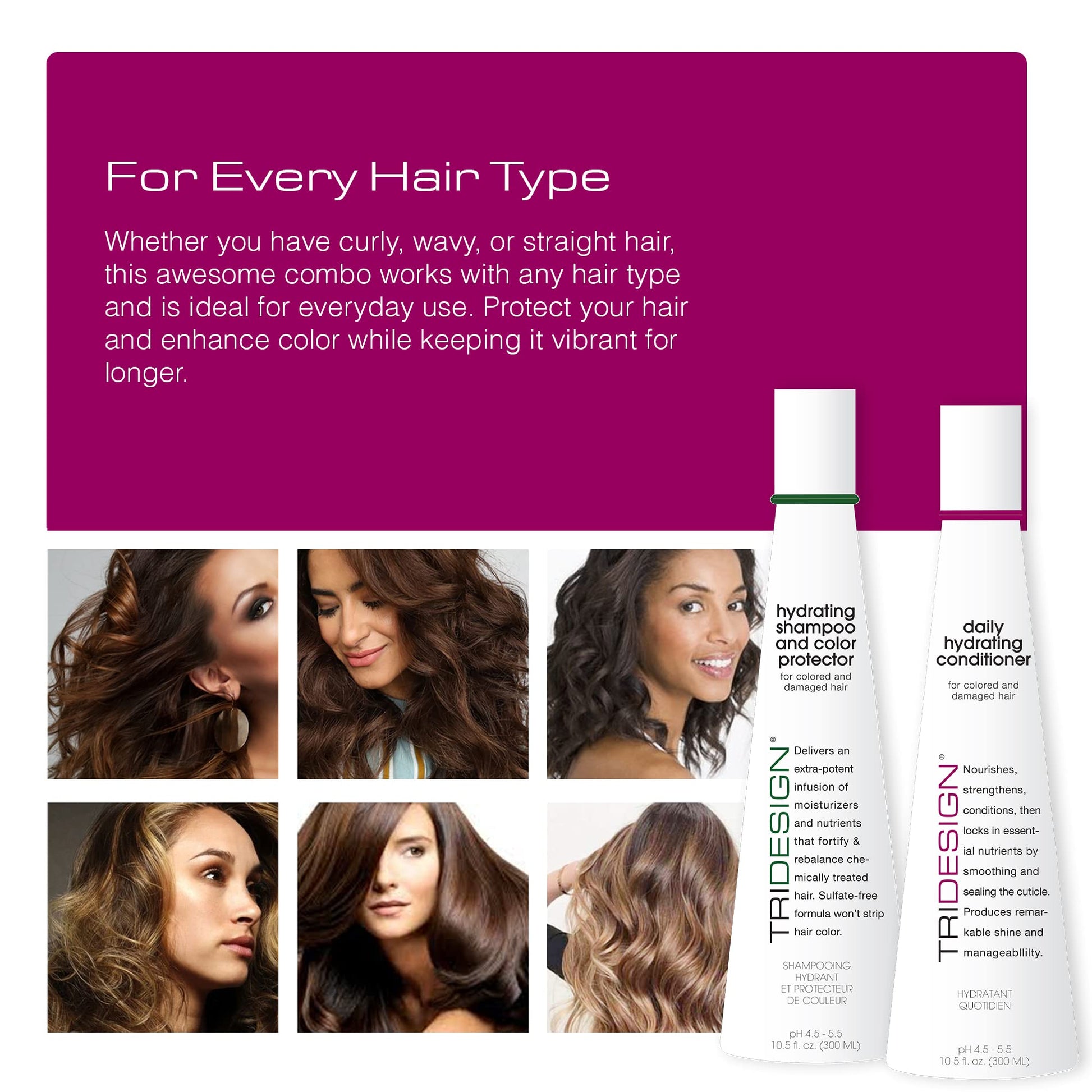 Maroon TRI Design Hydrating Shampoo & Conditioner Set - Sulfate Free Shampoo & Conditioner for Dry & Damaged Hair - Protect, Repair, and Moisturize Curly, Straight, Wavy, and Color-Treated Hair - 10.5 Ounce
