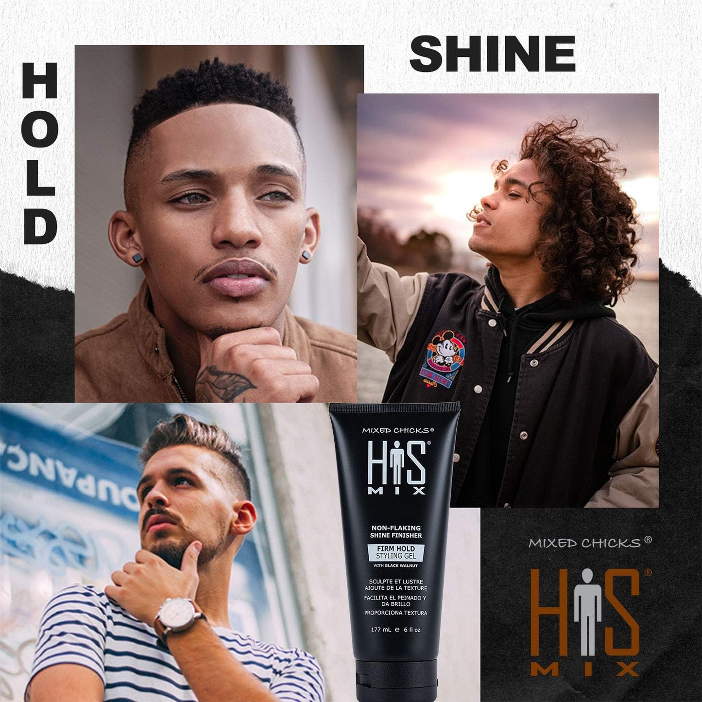 White Smoke Mixed Chicks HIS MIX Shine Finisher Firm Hold Hair Styling Gel for Men, 6 fl. oz. / 177 ml.