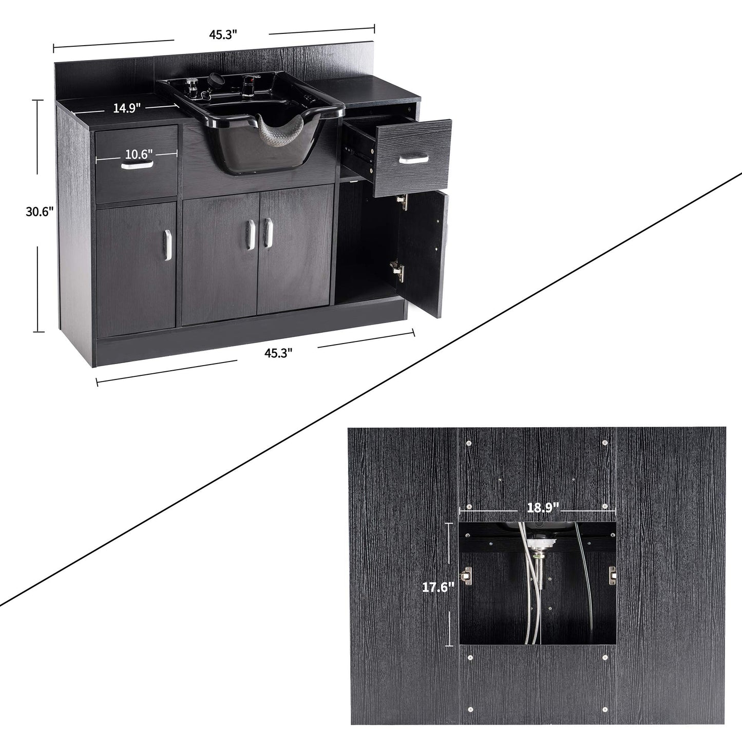 White Smoke BarberPub Multi-Functional Shampoo Backwash Sink Station with Shampoo Bowl for Hair Stylist, Salon Spa Beauty Cabinet with Faucet Sprayer, Barber Storage Equipment 45.3" x 14.1'' x 36.4" 7139