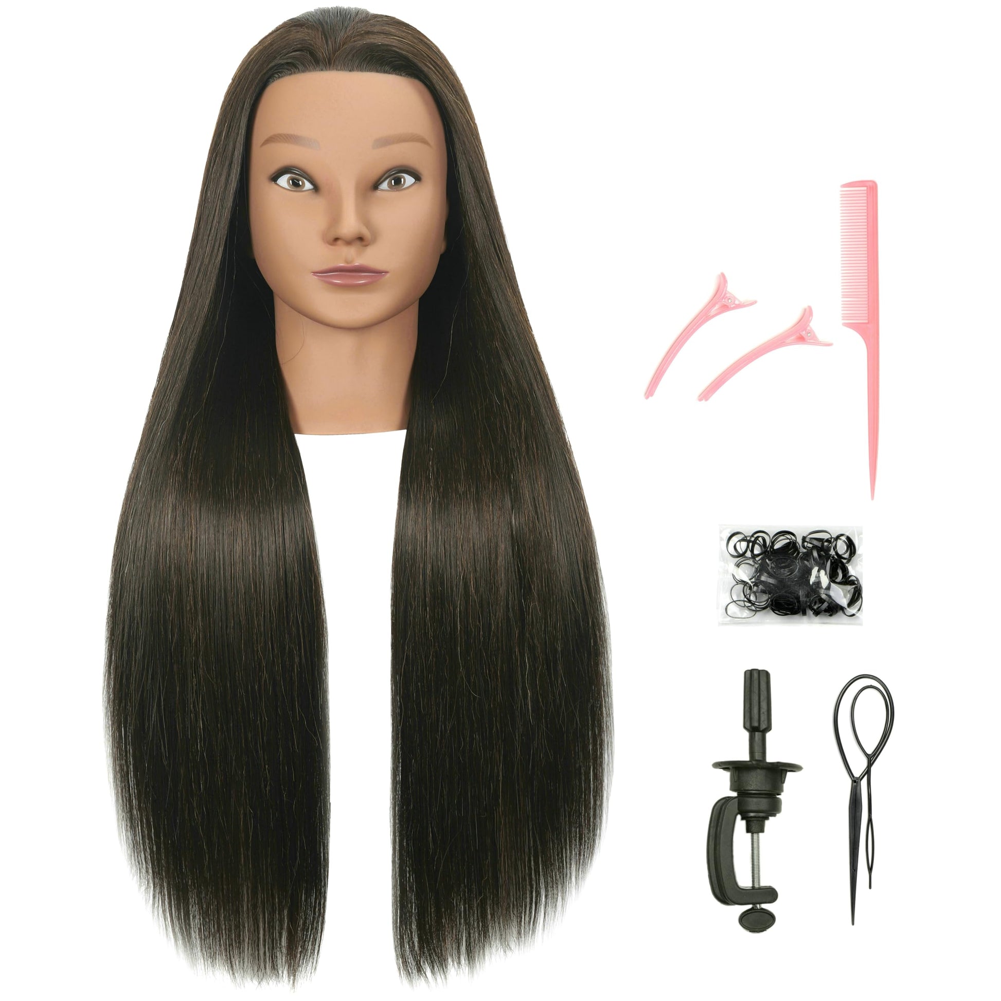 White Smoke EVATEC 30 inches Long Brown 80% Real Human Hair Mannequin Head with Stand for Braiding Styling Updos Curling Cutting Practice Cosmetology Training Display with Stand