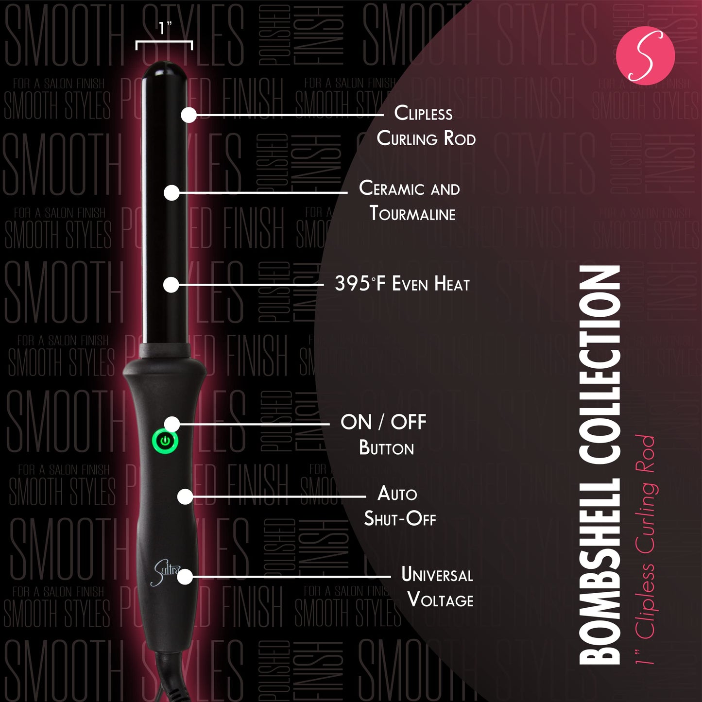 Black Sultra The Bombshell Rod Curling Iron, 1 Inch with Protective Heat Glove