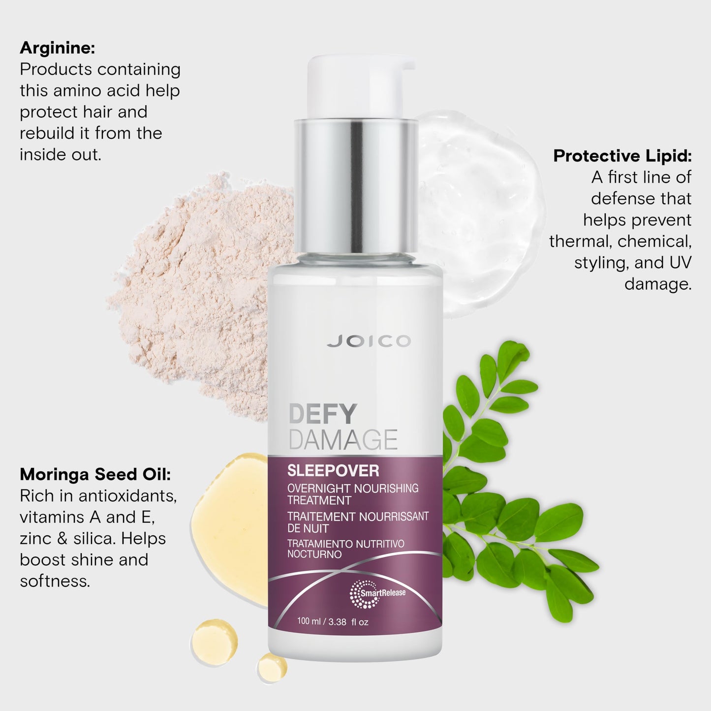 Lavender Joico Defy Damage Sleepover Overnight Nourishing Treatment | Instantly Softens & Smooths | Strengthen Bonds | Reduce Breakage & Split Ends | No Rinse Formula | With Arginine & Keratin | 3.38 oz
