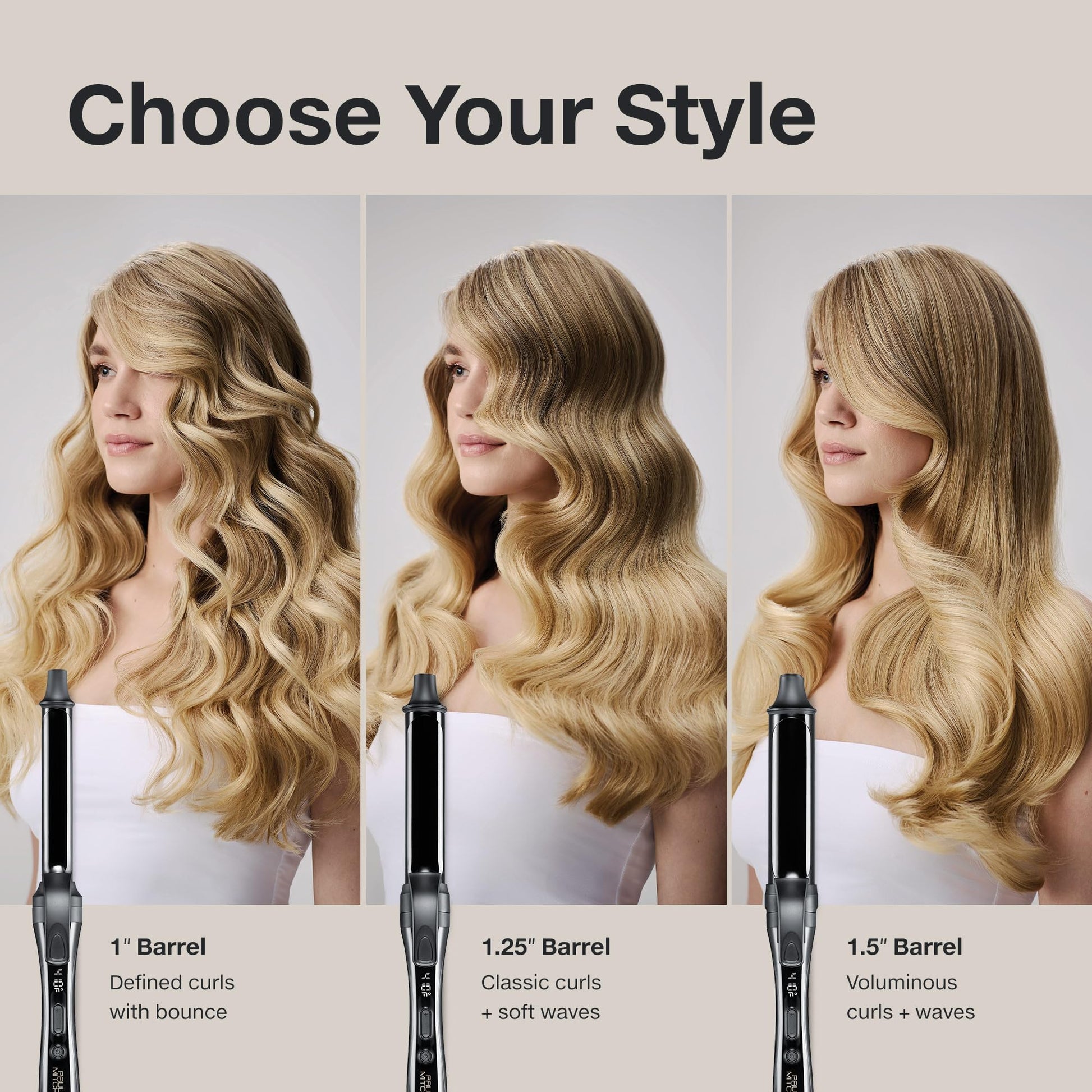 Light Gray Paul Mitchell Clipped 3-in-1 Ceramic Interchangeable Curling Iron, 3 Clip Barrels for Multiple Hairstyles