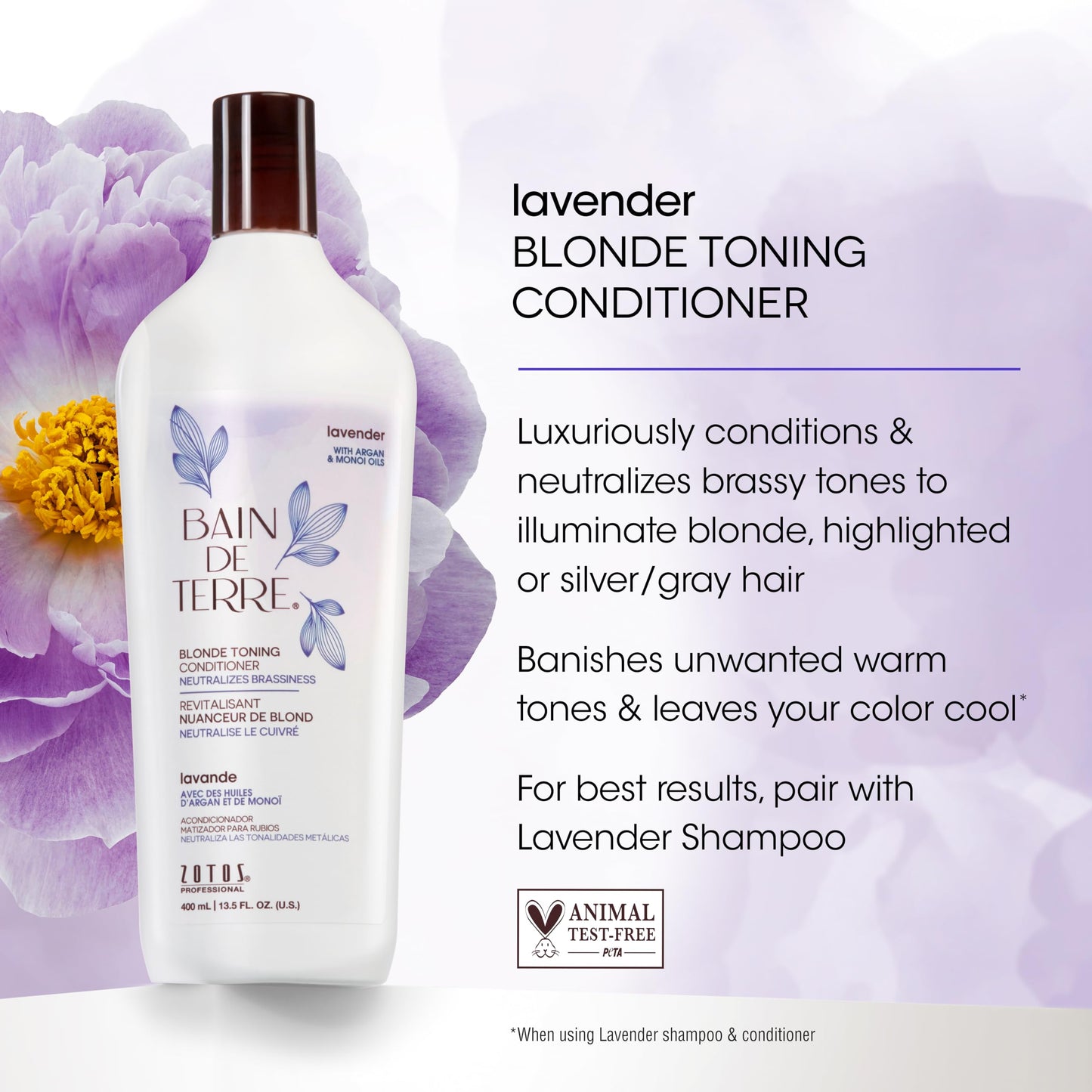 White Smoke Bain de Terre Lavender Blonde Toning Conditioner, Neutralize Brassy Tones for Cool Blonde, Highlighted or Gray Hair, with Argan & Monoi Oils, Paraben-Free, Vegan,13.5 Fl Oz