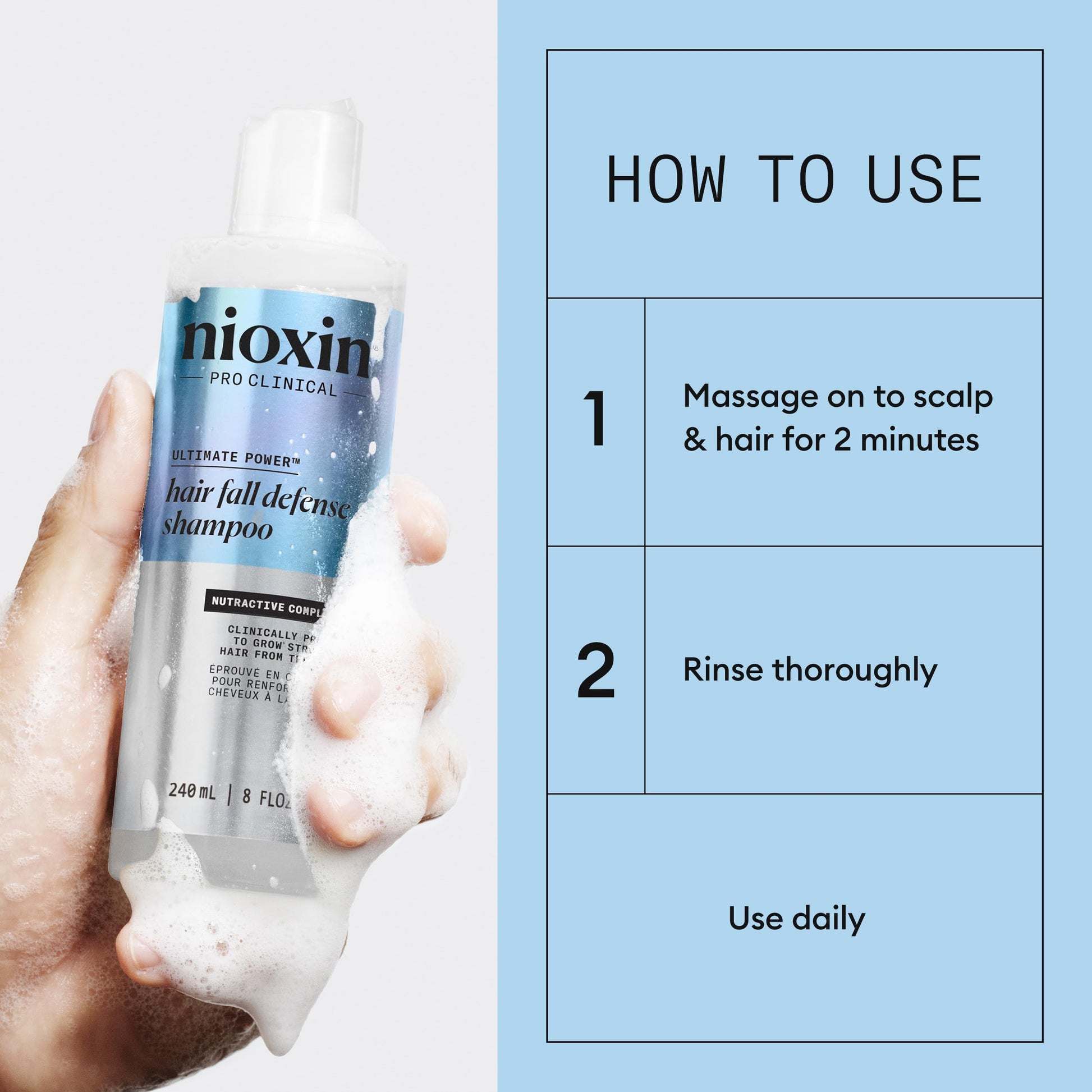 Light Blue NIOXIN Hair Fall Defense Shampoo | Activates Hair Follicles for Visibly Less Hair Loss | With Niacinamide, Caffeine, Lauric Acid, and Sandalore | 8.1 Fl Oz.