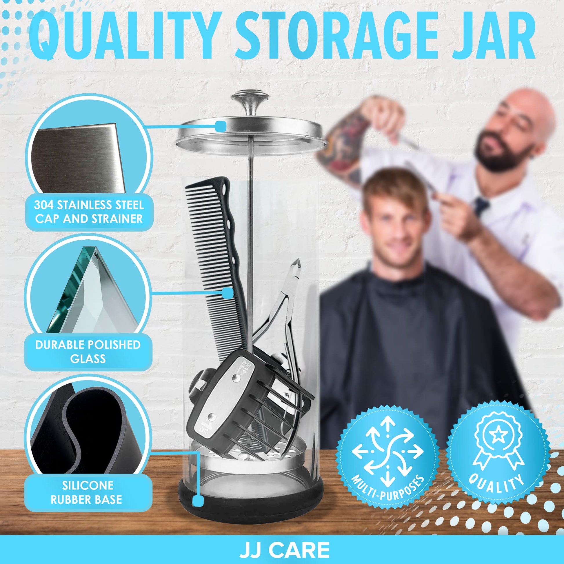 Lavender JJ CARE Disinfectant Jar (35oz) - Barber Disinfectant Jar Glass, Sanitizer Container w/Stainless Steel Removable Strainer & Cap for Manicure, Salon, Spa and Barber Tools - Silver Lid
