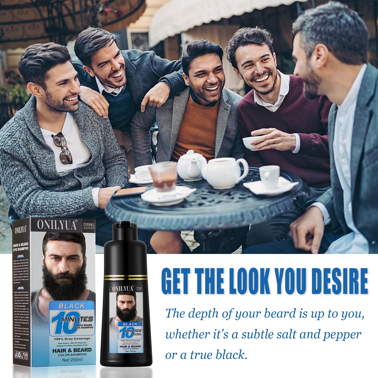 White Smoke Men's 3-in-1 Black Beard & Hair Dye Shampoo, Instant Grey Darkening Beard Color Shampoo in 10 Minutes, Simpler Gray Reducing Mustache & Beard Dye for Men, with Plant Extract for Healthy Facial Hair