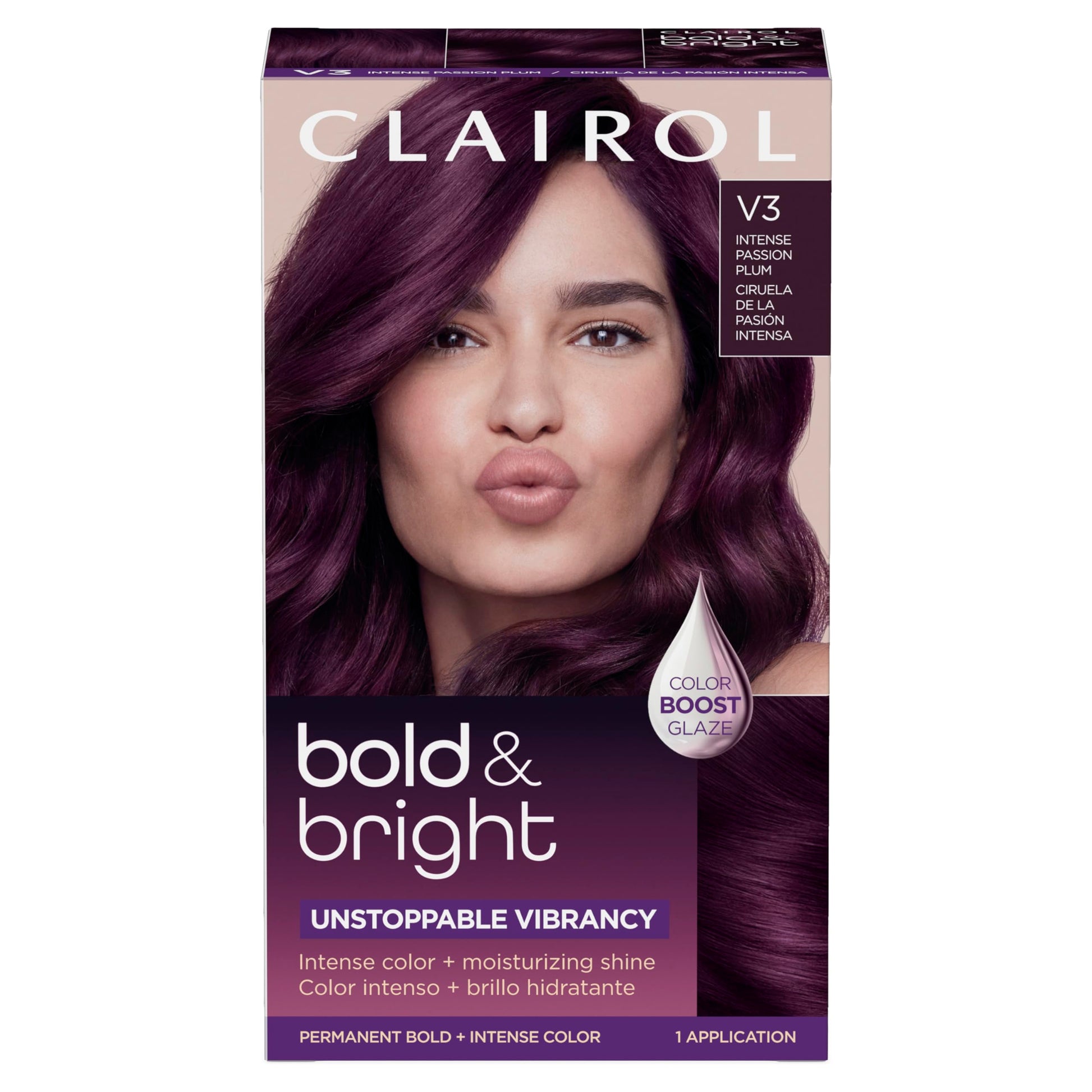 Black Clairol Bold & Bright Permanent Hair Dye, V3 Intense Passion Plum Hair Color | Intense Vibrancy + Moisturizing Shine | Includes Color Boost Glaze to Amplify Color Anytime | Pack of 1