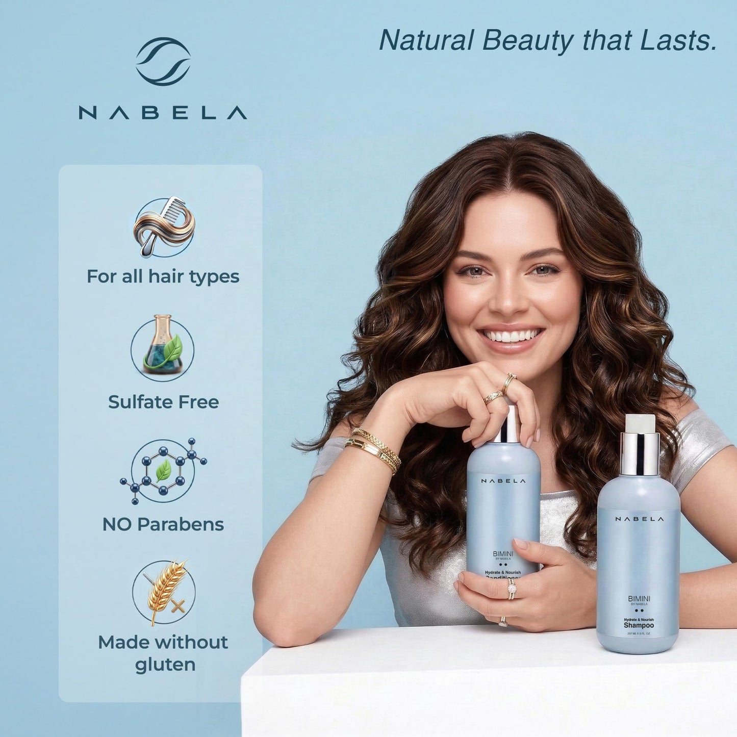 Light Blue NABELA Deep Hydration Bimini Conditioner - Curl Enhancing & Anti-Frizz Treatment with Hyaluronic Acid, Shea Butter & Argan Oil - Weightless Moisture & Flexible Hold for Waves & Coils - 8 fl oz