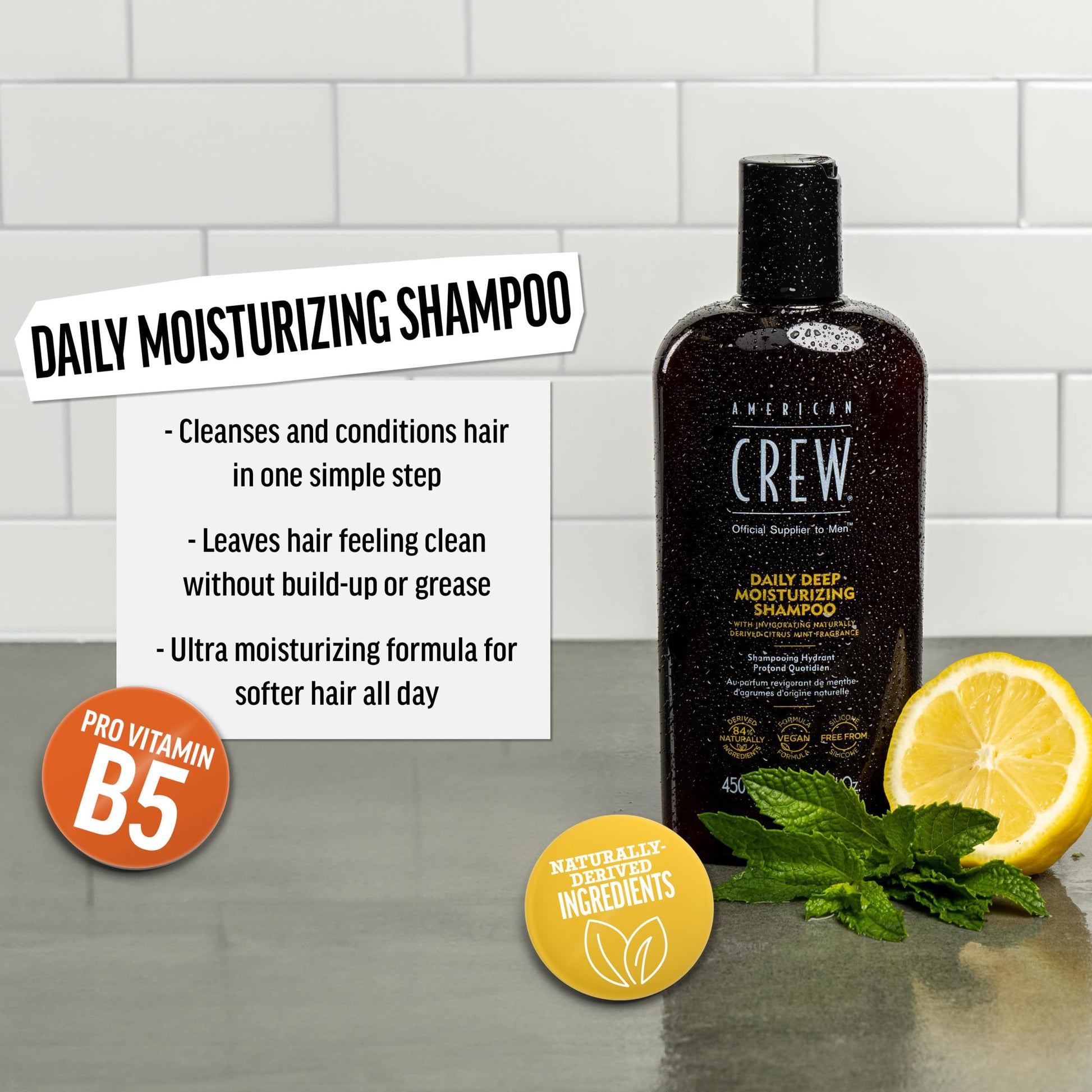 Light Gray American Crew Shampoo for Men, Daily Deep Moisturizer, Naturally Derived, Vegan Formula, Citrus Mint Fragrance, 33.8 Fl Oz