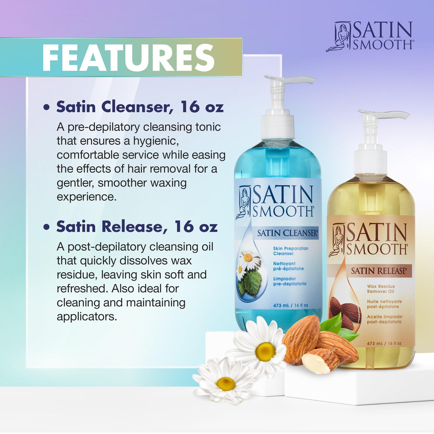 Alice Blue Satin Smooth Post Wax Oil, Wax Residue Remover + Satin Smooth Pre-Wax Cleanser, Skin Waxing Prep & Afterwax Care Duo, 16 fl oz