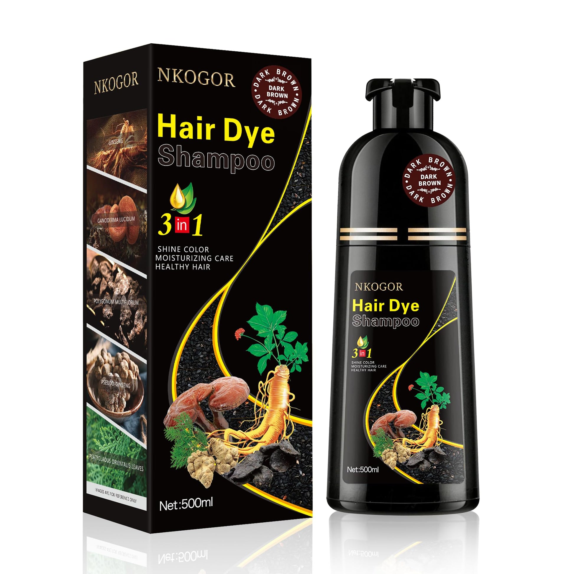 Black NKOGOR Hair Dye Shampoo 3 in 1 Grey Coverage, Hair Dye Semi-Permanent Hair Color Shampoo for Women Men, Hair Color Herbal Ingredients Natural, Argan Oil, Olive Oil and Turmeric (Dark Brown)