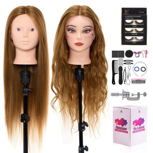 White Smoke Mannequin Head with 80% Real Human hair- 28" Hair Mannequin Heads for Make up, Braiding Hairdressing Doll Head for Styling with Table Clamp + DIY Hair Styling Set