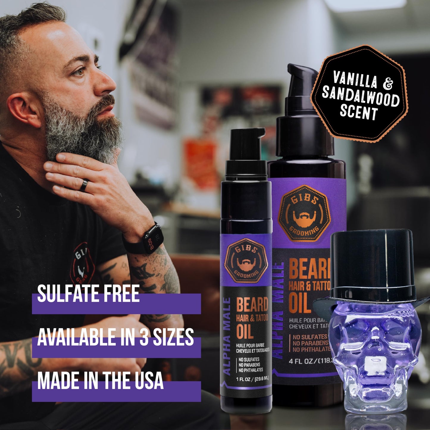 Black GIBS Grooming - Alpha Male Beard, Hair & Tattoo Oil (1 fl oz) - Softens, Strengthens, Protects - Skin Moisturizer - Vitamin C - UV Shield - Travel Size - Beard Oil, Hair Care, Skin Care - Made in USA