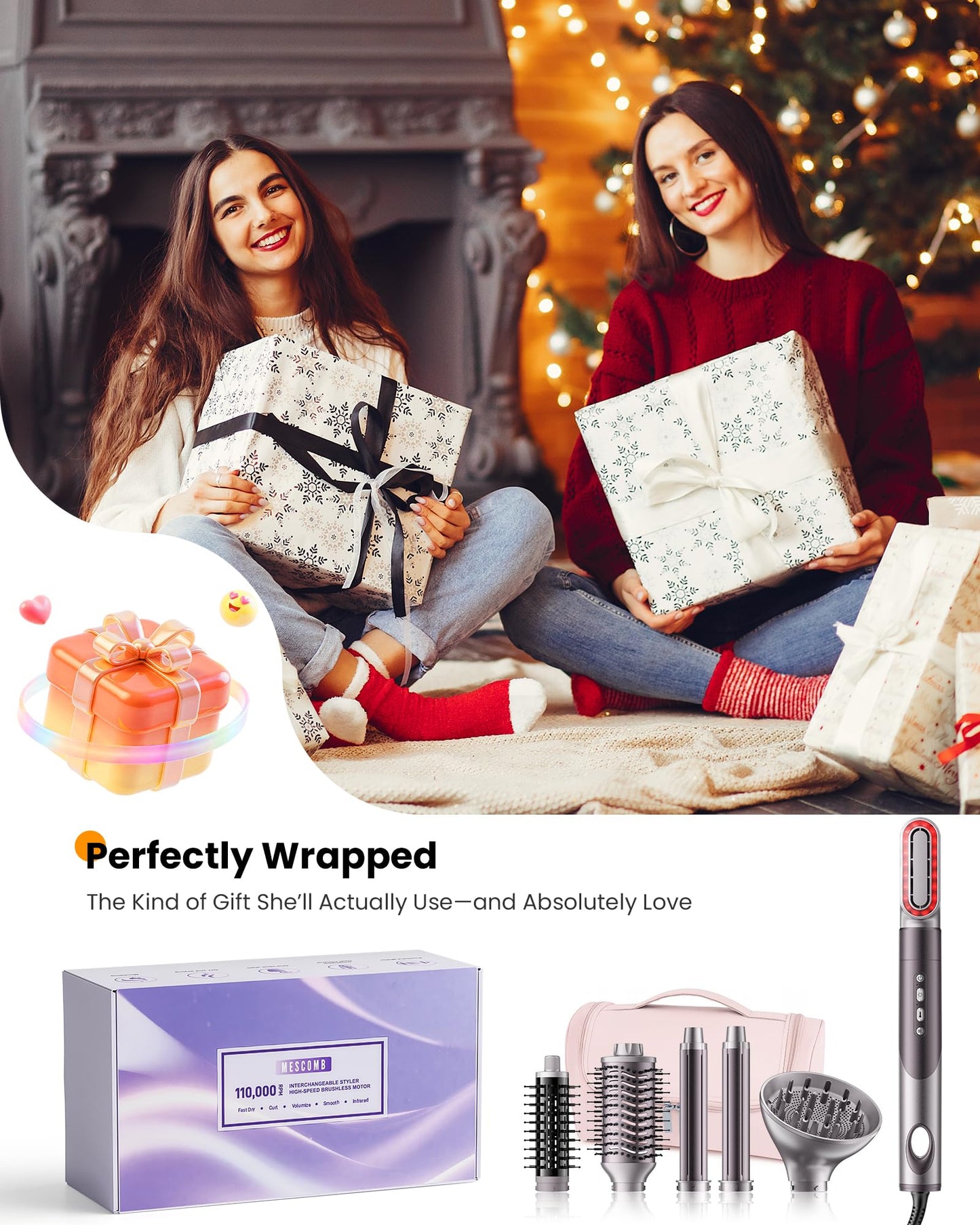 White Smoke MESCOMB Infrared 6 in 1 Hot Air Styler Wrap - Dual Voltage Hair Dryer| Fast Drying & No Heat Damage, Professional Multi-Styler for Curling, Volumizing & Smooth Straightening (110V-240V)
