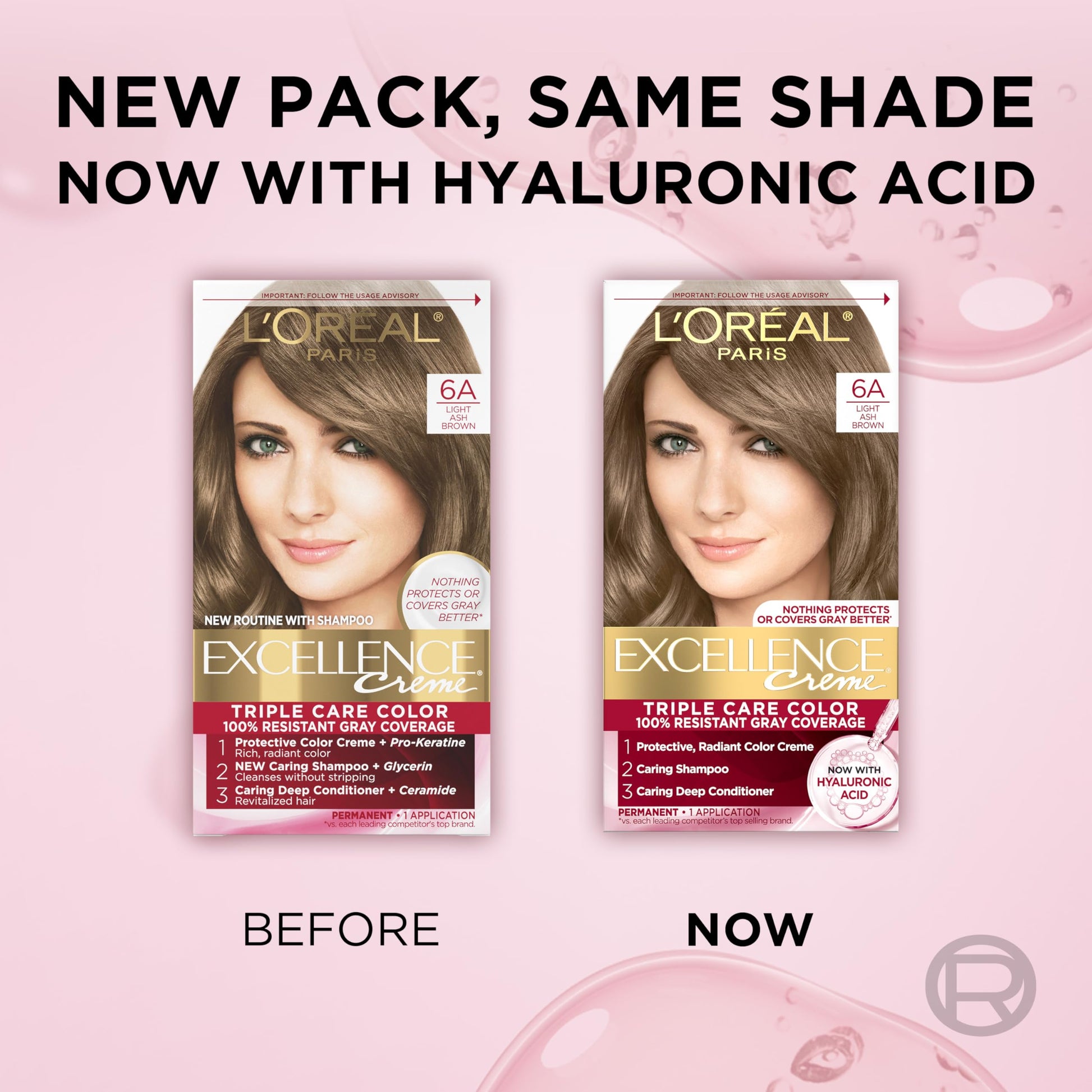 Misty Rose L'Oreal Paris Excellence Crème Permanent Hair Dye, Triple Care Hair Color with Hyaluronic Acid for 100% Gray Coverage, 6A Light Ash Brown, 1 Kit (Pack of 2) (Packaging May Vary)
