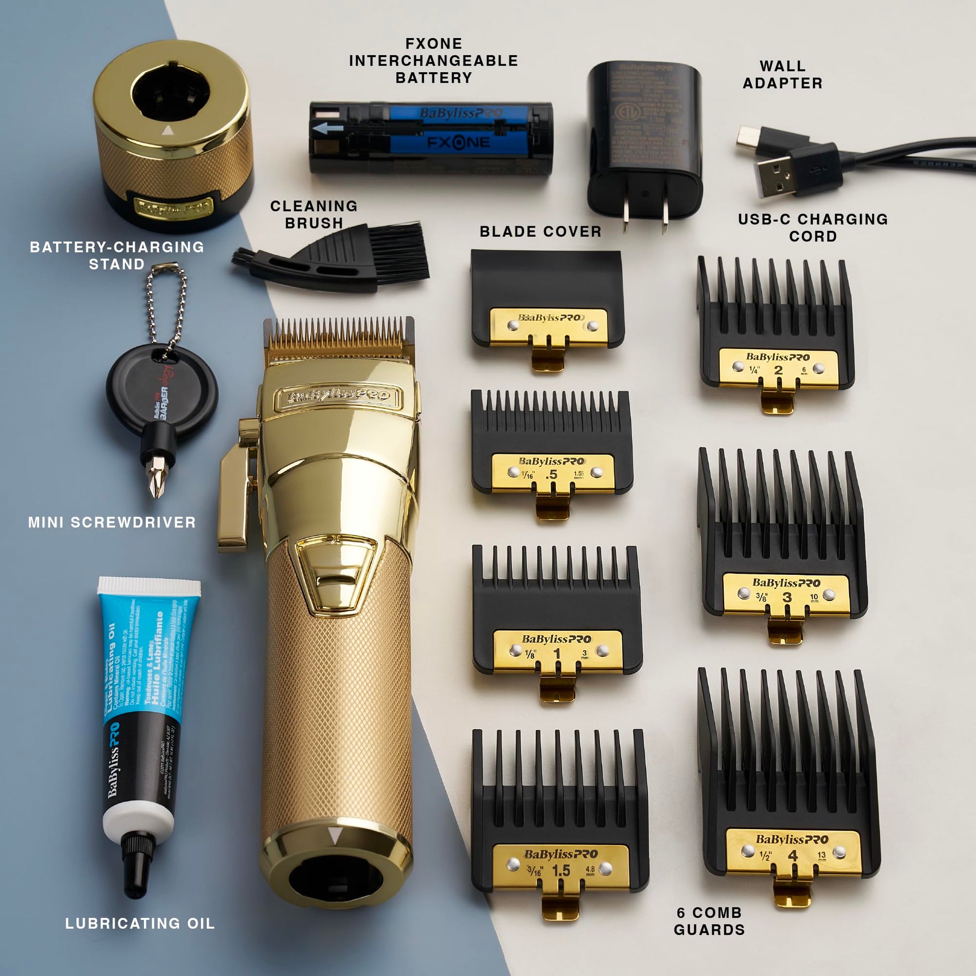 Light Gray BaBylissPRO FXONE Professional Cordless Clipper in Gold - Beard Trimmer for Men, Professional Stylist & Barber Clippers, USB-C Cordless Hair Clippers for Men