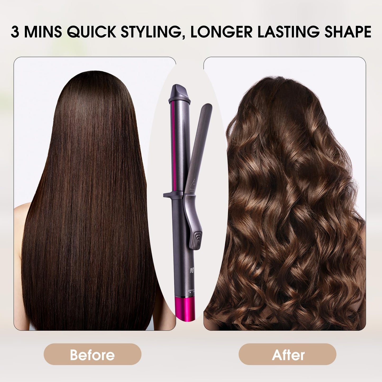 White Smoke Nycoba Curling Iron, 1 1/4 Inch Hair Curling Wand with Ceramic Coating, Professional Hair Curler, Fast Heating up to 430°F, Wide Voltage for Worldwide, 60 Mins Auto Off, Magenta