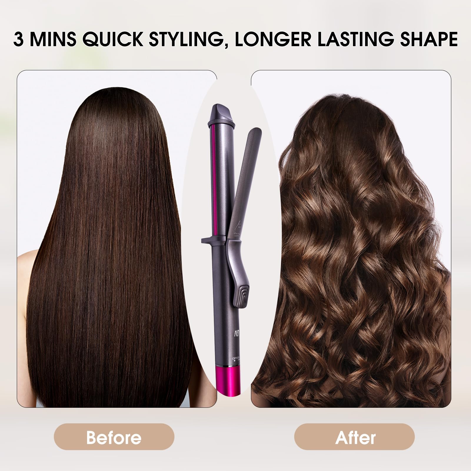 White Smoke Nycoba Curling Iron, 1 1/4 Inch Hair Curling Wand with Ceramic Coating, Professional Hair Curler, Fast Heating up to 430°F, Wide Voltage for Worldwide, 60 Mins Auto Off, Magenta