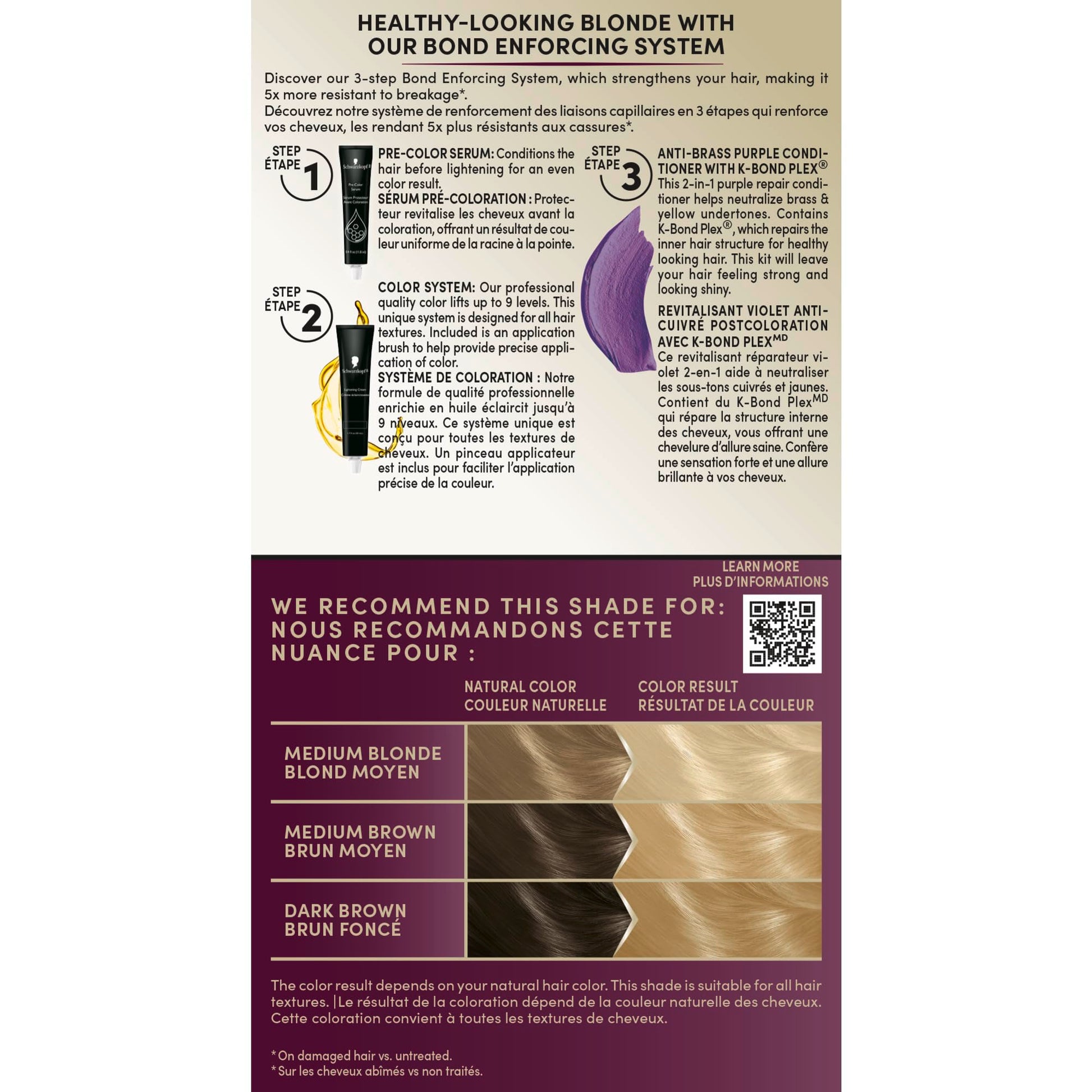 Dark Gray Schwarzkopf Keratin Blonde Hair Dye, 001 High Lift Platinum Blonde, Professional Quality Permanent Hair Color, Bond Enforcing System, Pre-Color Serum & Purple Conditioner Included