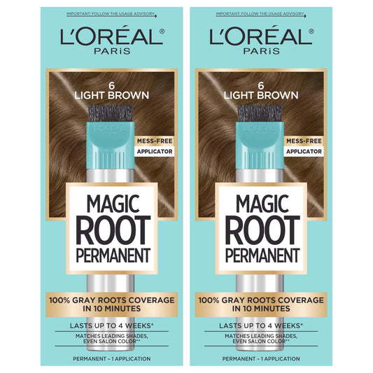 Light Blue L’Oréal Paris Magic Root Permanent Hair Color, 10 Minute Root Coloring Kit with 100% Gray Hair Coverage, 6 Light Brown, 2 Count