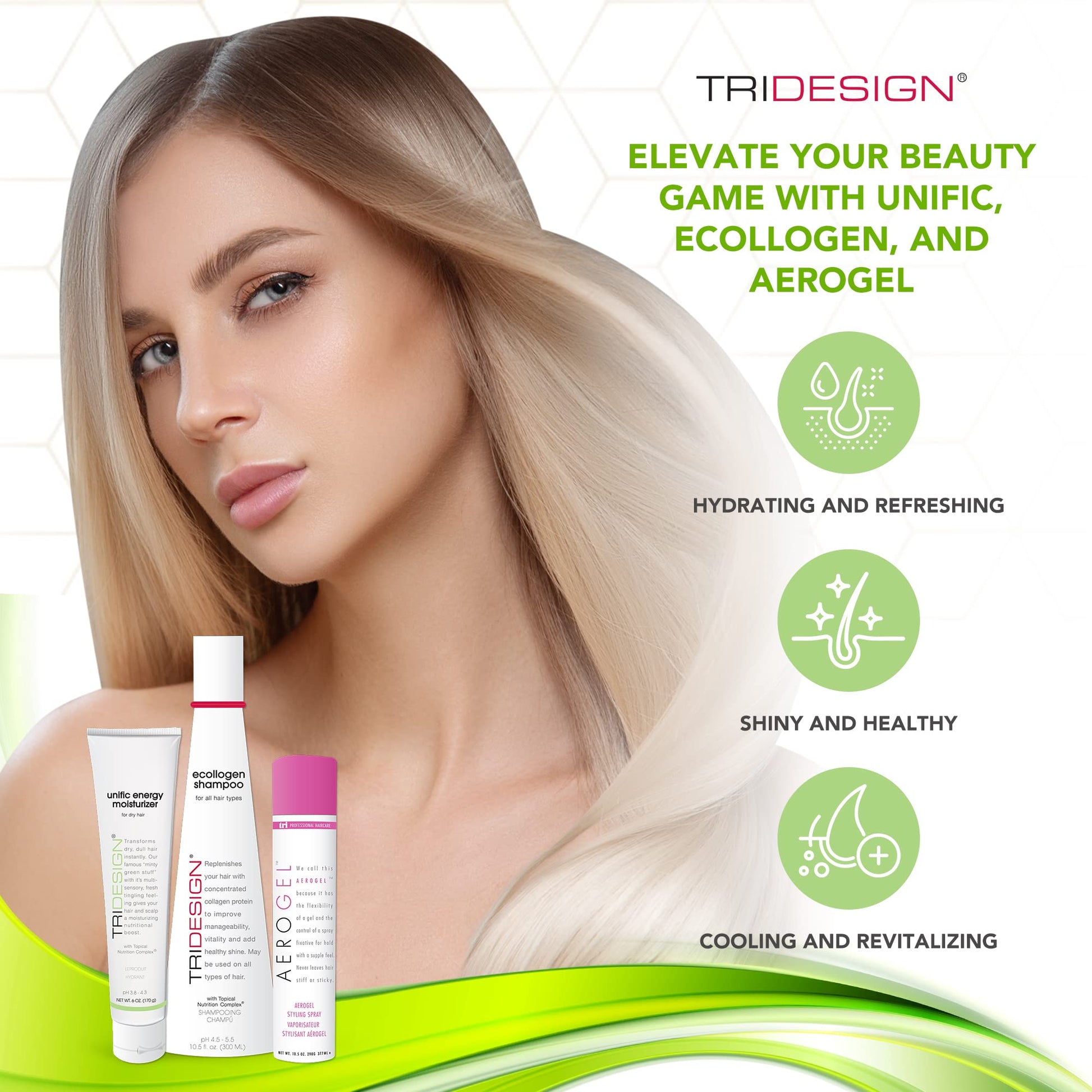 White Smoke TRI Design Shampoo, Conditioner and Hair Finishing Spray Set - Includes Aerogel Spray Gel 10.5 oz., Ecollogen Collagen Shampoo 10.5 oz. and Unific Energy Moisturizer 6 oz., for All Hair Types