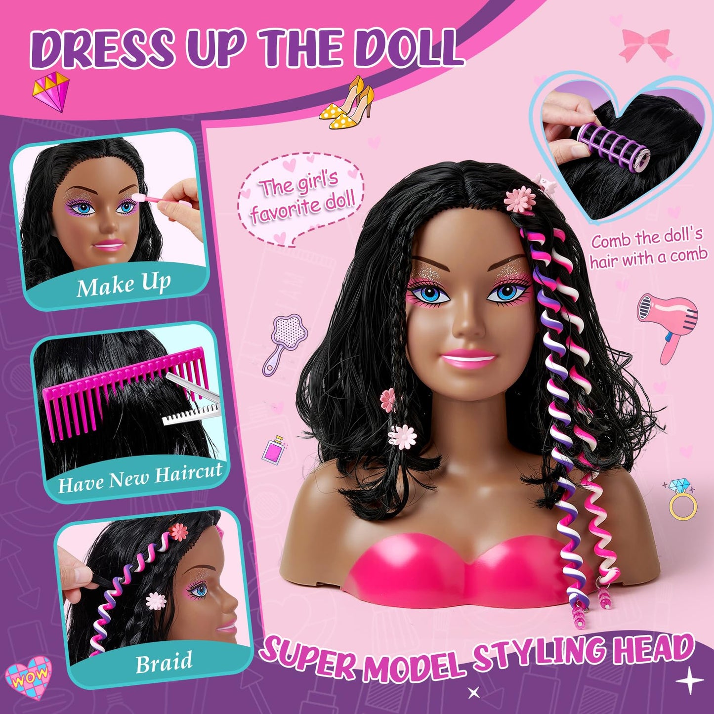 Pink Cleboen Hair Styling Doll Head Makeup Kit for Girls Toys, 35PCS Kids Hair Salon Pretend Playset with Hairdryer Straightener Headwears & Real Makeup Nail Polish, Birthday Gifts for Girls 3 4 5 6 7 8+
