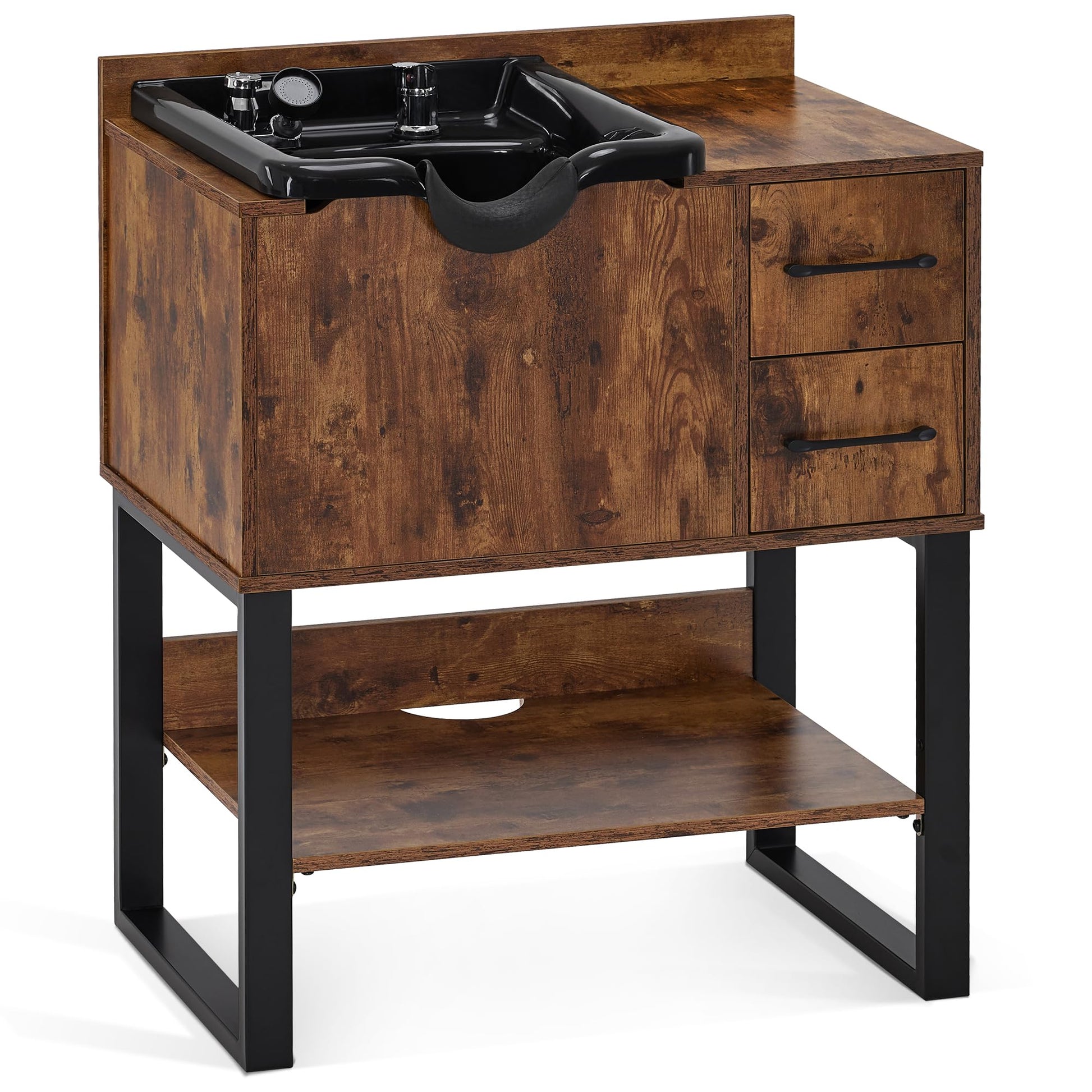 White Smoke BarberPub Shampoo Cabinet with Sink, Modern Salon Backwash Station with Bowl, Neck Rest, 2 Drawers, Storage Shelf,Hot & Cold Control 7135 (Rustic Brown)