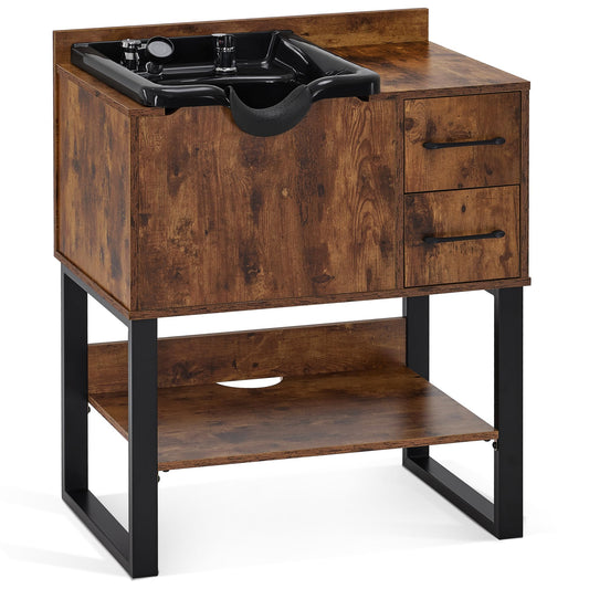 White Smoke BarberPub Shampoo Cabinet with Sink, Modern Salon Backwash Station with Bowl, Neck Rest, 2 Drawers, Storage Shelf,Hot & Cold Control 7135 (Rustic Brown)
