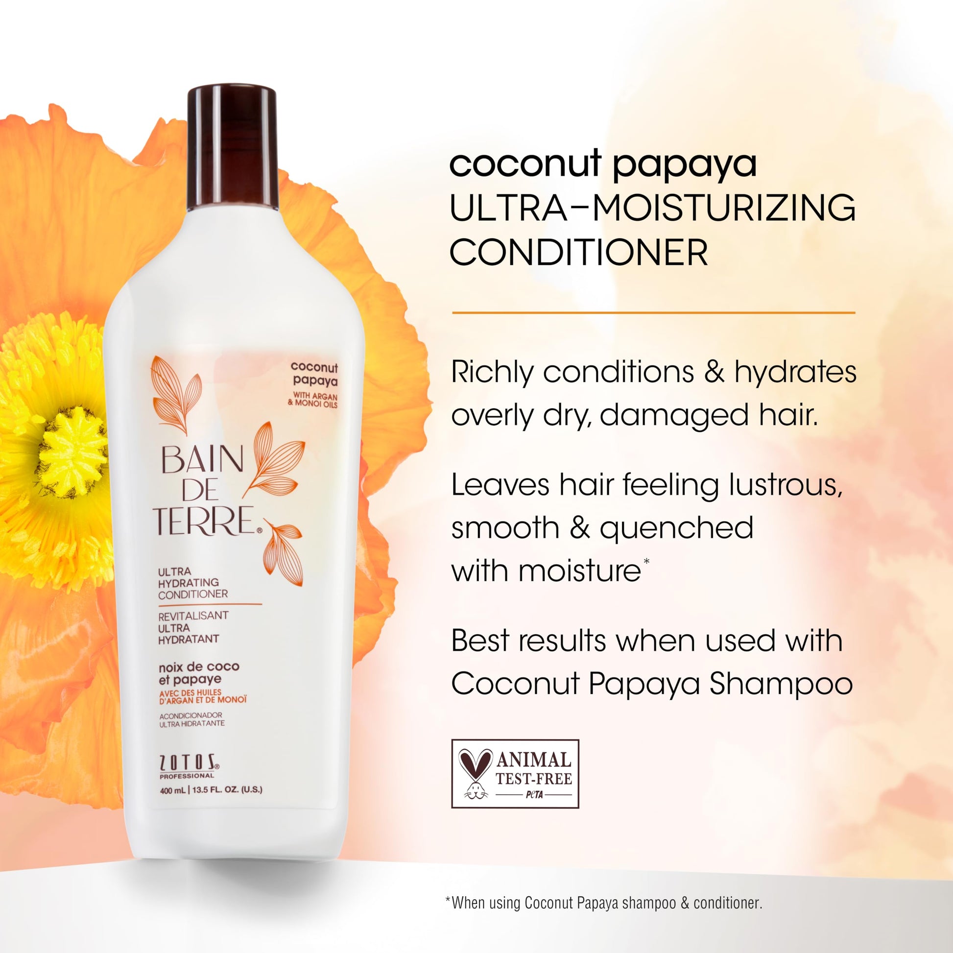 White Smoke Bain de Terre Coconut Papaya Ultra Hydrating Conditioner, Moisture Quench for Dry, Damaged Hair, with Argan & Monoi Oils, Paraben-Free, Color-Safe, Vegan, 13.5 Fl Oz