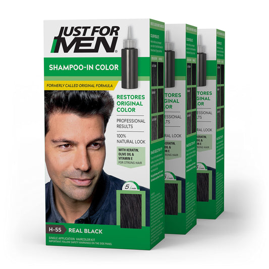 White Smoke Just For Men Shampoo In Color, Hair Color for Men with Keratin and Vitamin E for Stronger Hair, Restores Natural Hair Color, Real Black, H-55, Pack of 3