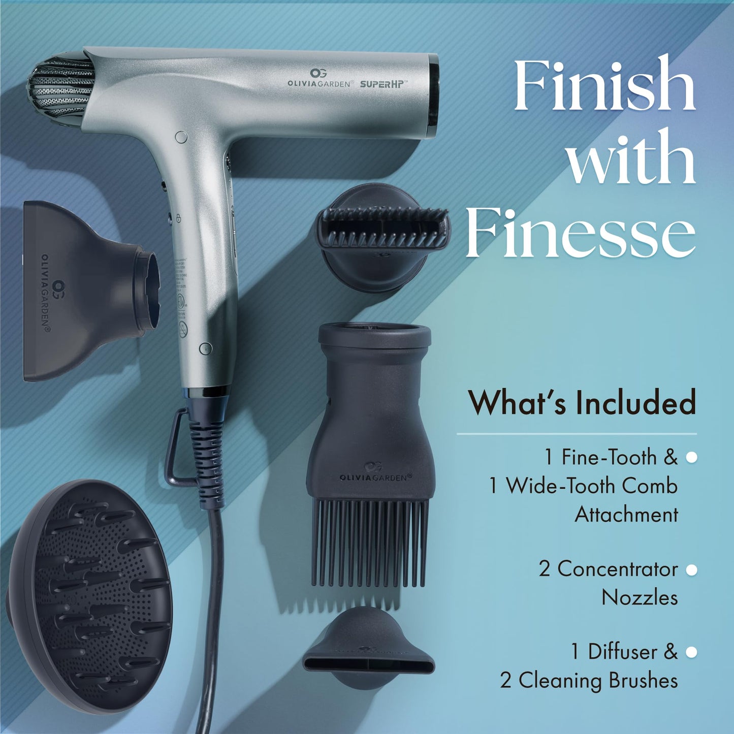Sky Blue Olivia Garden 1875W SuperHP Professional Hair Dryer for All Hair Types - Quiet, Fast Drying Blow Dryer - Powerful Ionic Generator - 5 Attachments, Including 2 Comb and 1 Diffuser Attachments