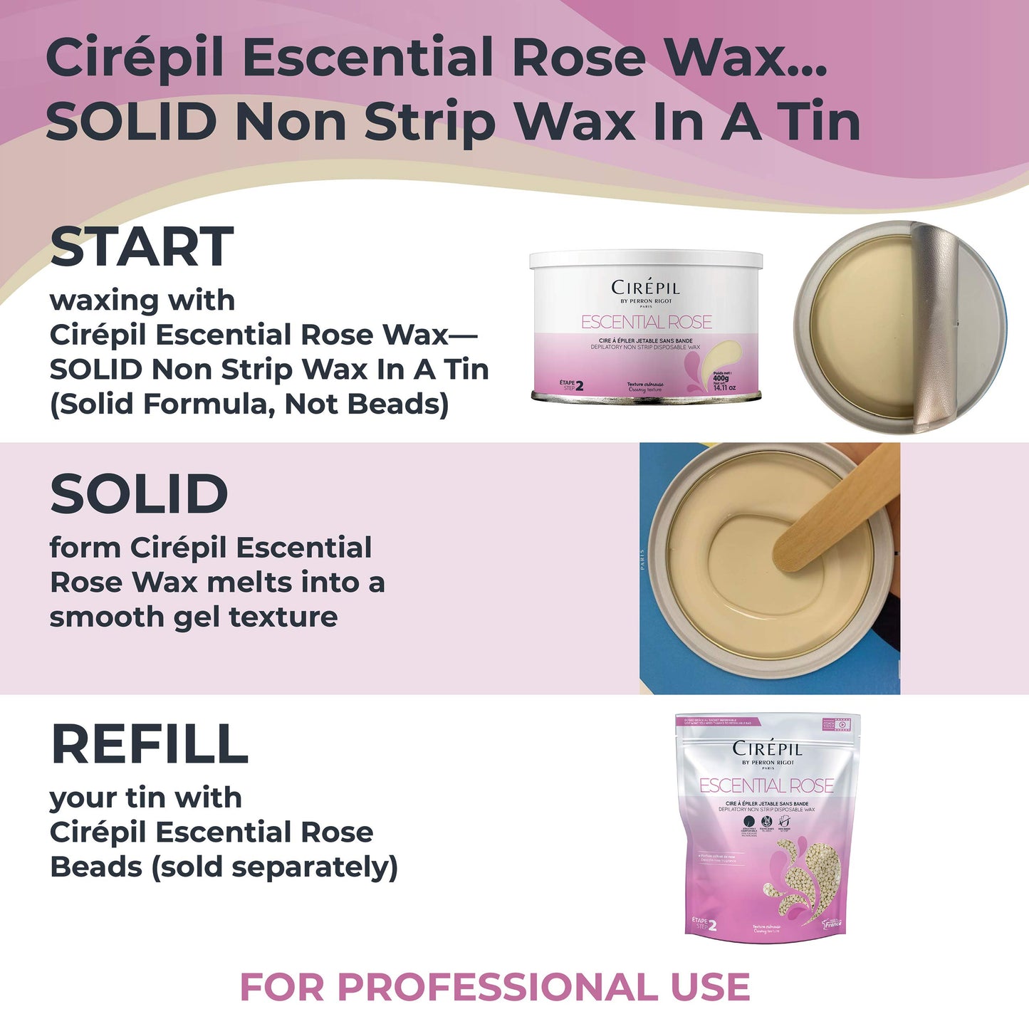 White Smoke Cirepil - Escential Rose - 400g / 14.11 oz Hard Wax Tin - Creamy Stripless Wax for Sensitive Areas - Effective on Short & Shaved Hair - Professional Body & Bikini Depilatory Refill