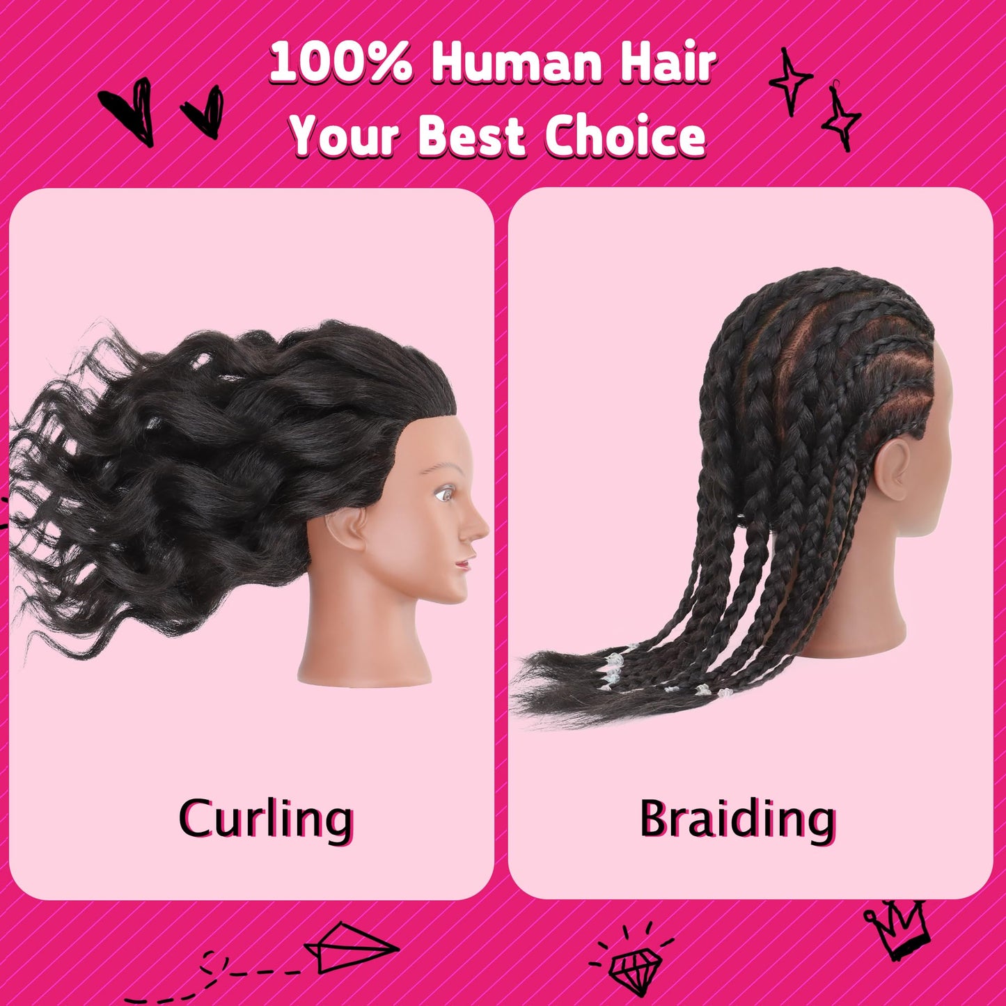 Misty Rose Mannequin Head with Human Hair 16" Cosmetology Manikin Doll Head 100% Real Human Hair for Styling Hairdresser Practice Braiding with Free Clamp Holder
