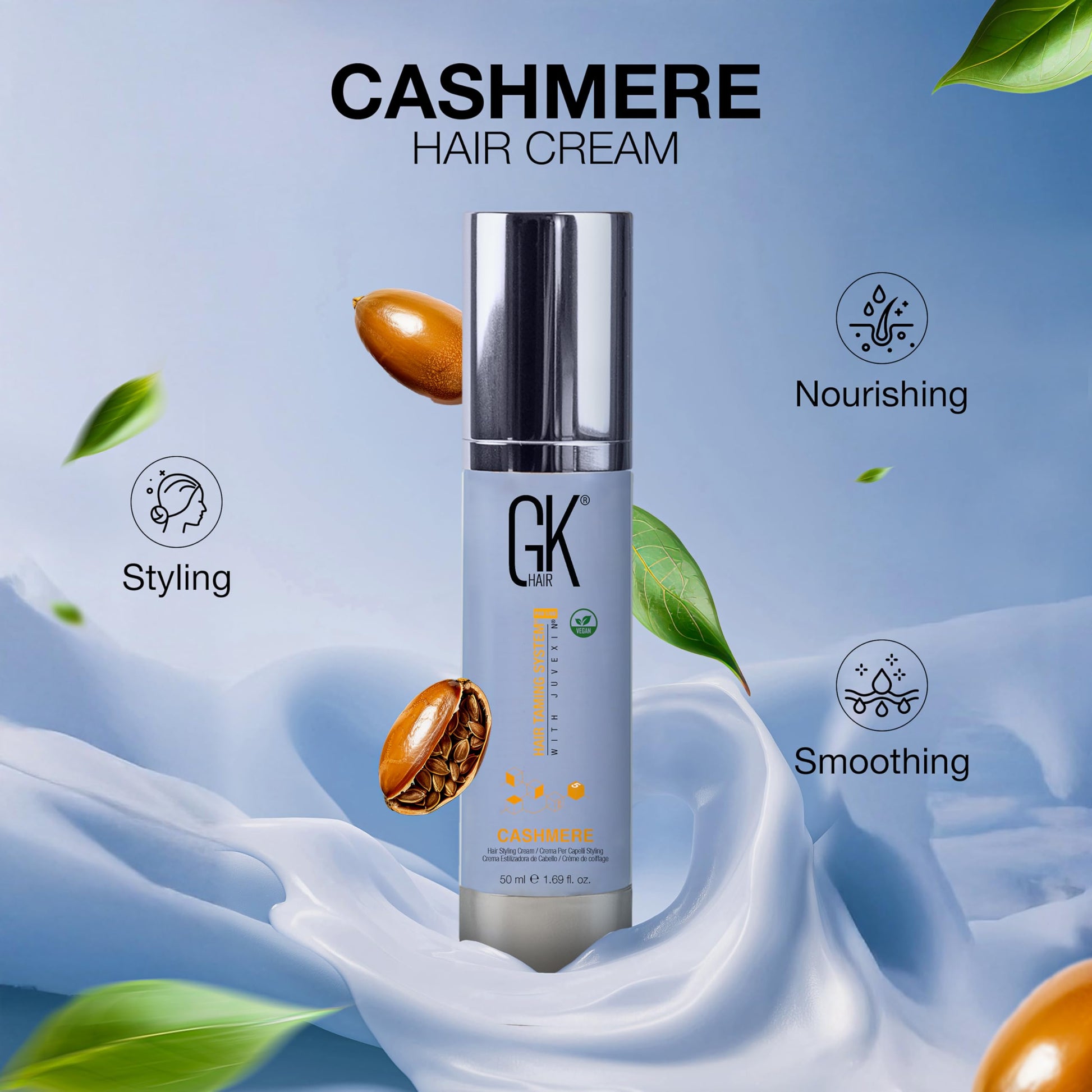 Dark Gray GK HAIR Cashmere Hair Cream 1.69 Oz – Smoothing & Shine Styling Cream with Argan Oil, Anti Frizz Hair Cream for Soft, Silky & Manageable Hair, Lightweight Styling Cream for All Hair Types
