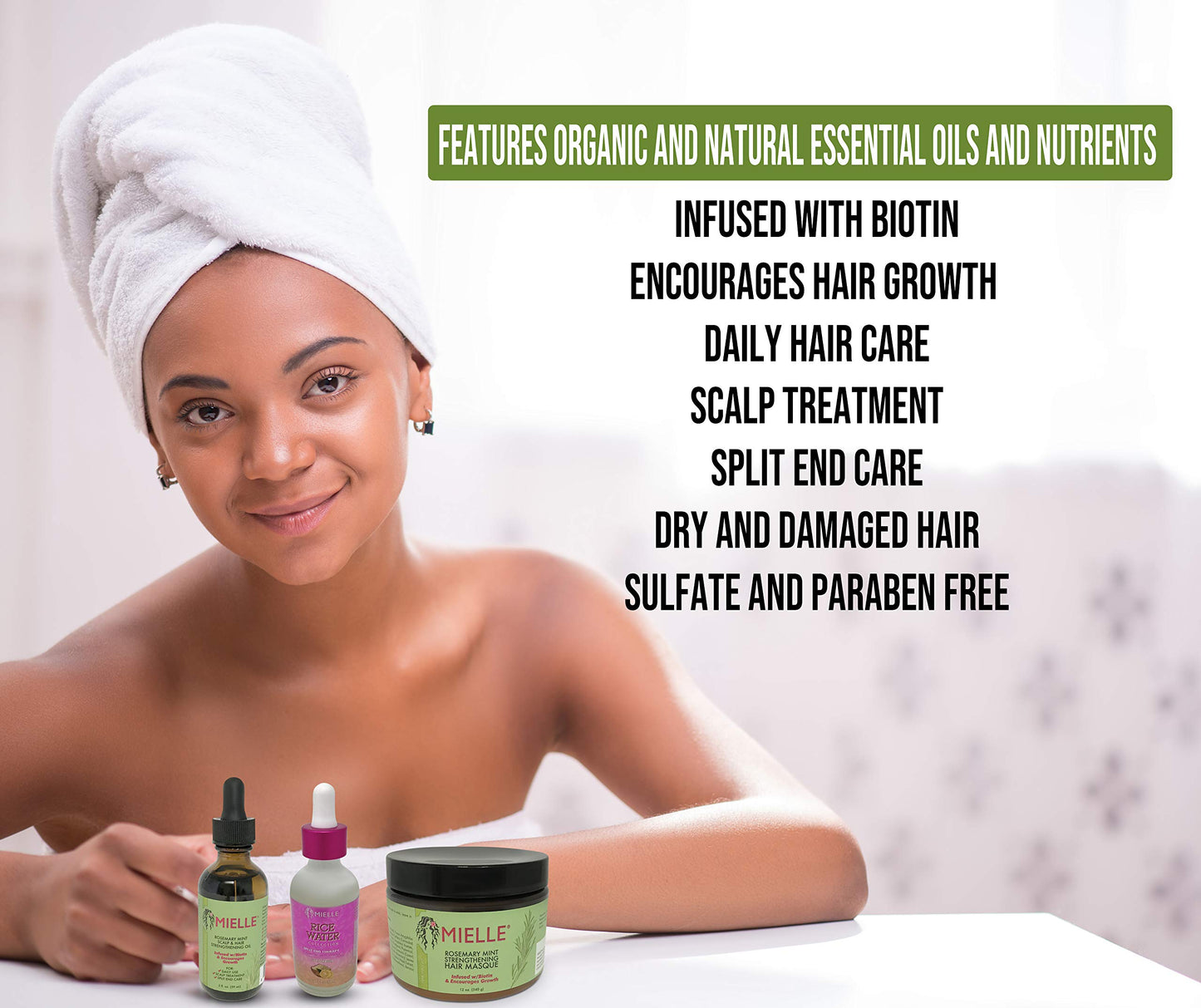 White Smoke Mielle Organics Complete COMBO: Rosemary Mint Organic Hair Oil (2 fl oz), Hair Masque (12 fl oz), Strengthening Edge Gel