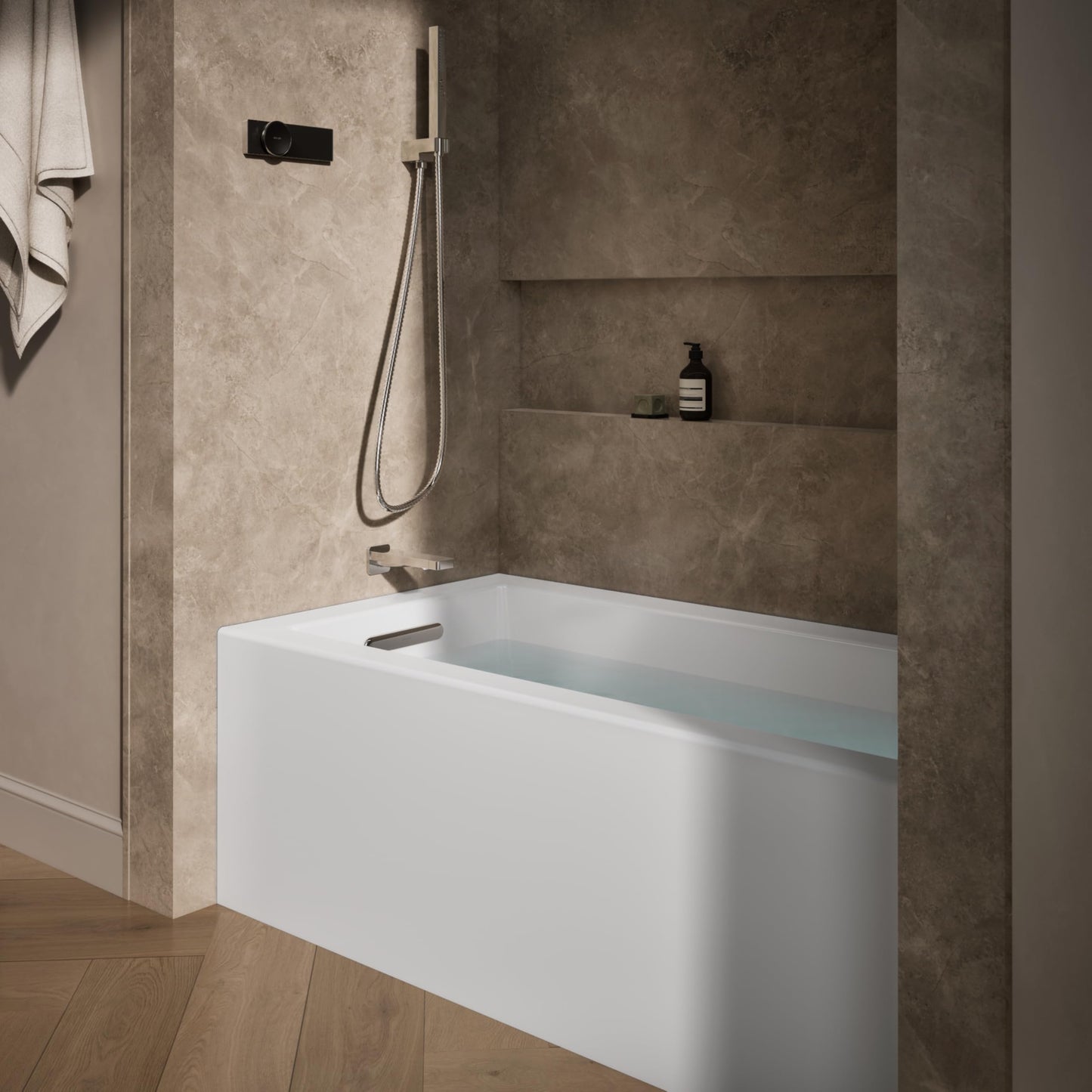 Dark Olive Green Kohler K-20202-LA Underscore 60" Soaking Bathtub for Three Wall Alcove Installation with Left Drain and 68 Gallon Water Capacity - White