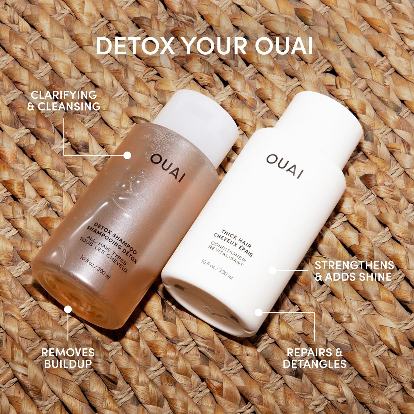 White Smoke OUAI Detox Shampoo & Thick Hair Conditioner Bundle - Clarifying Shampoo for Build Up, Dirt, Oil, Product and Hard Water & Moisturizing Conditioner for Thick Hair (2 Count)