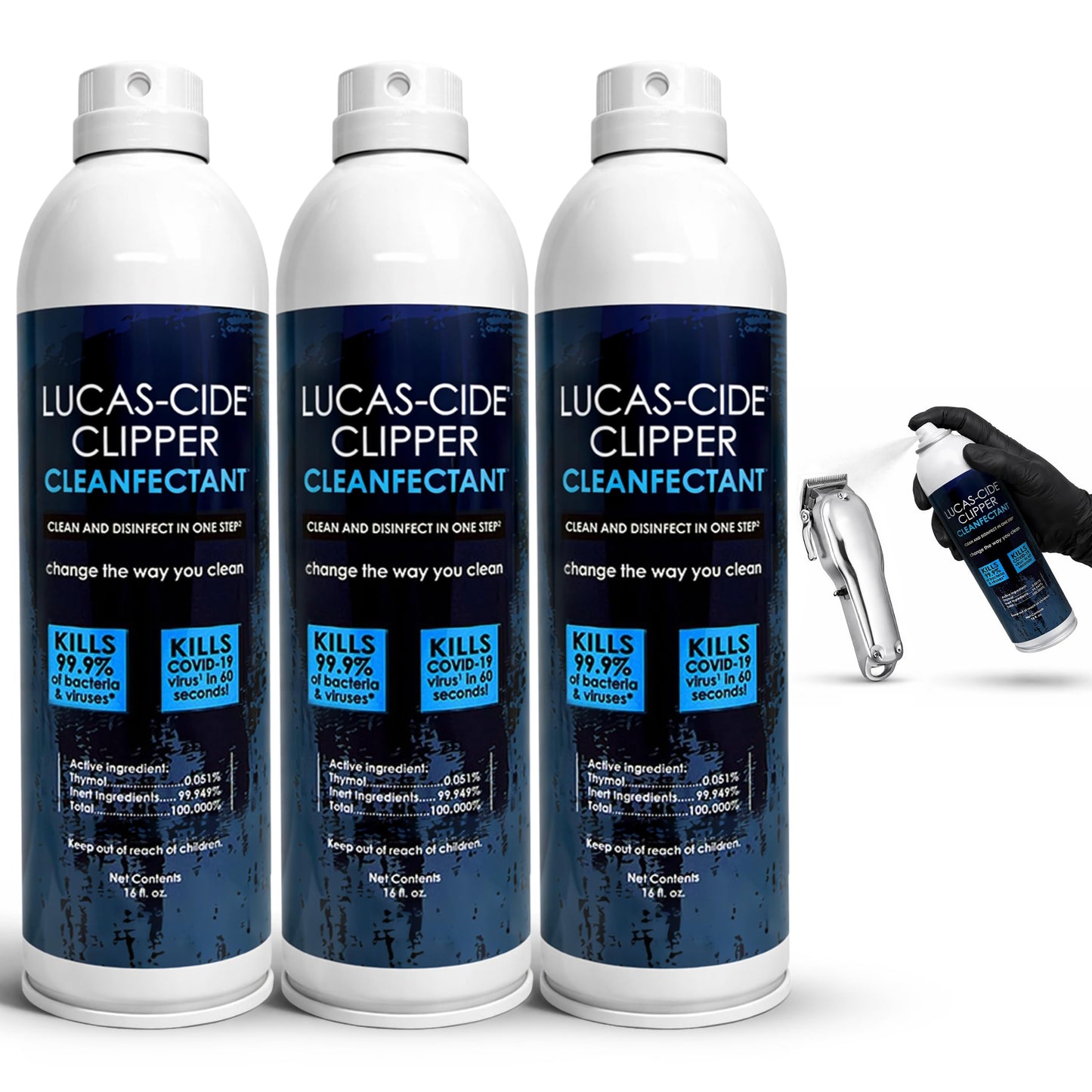 White Smoke LUCAS-CIDE Cleaner, Cool and Care Clipper Spray, Sanitizer for Hair Clippers, Salon & Household Essentials 16 Fl Oz - Set of 3