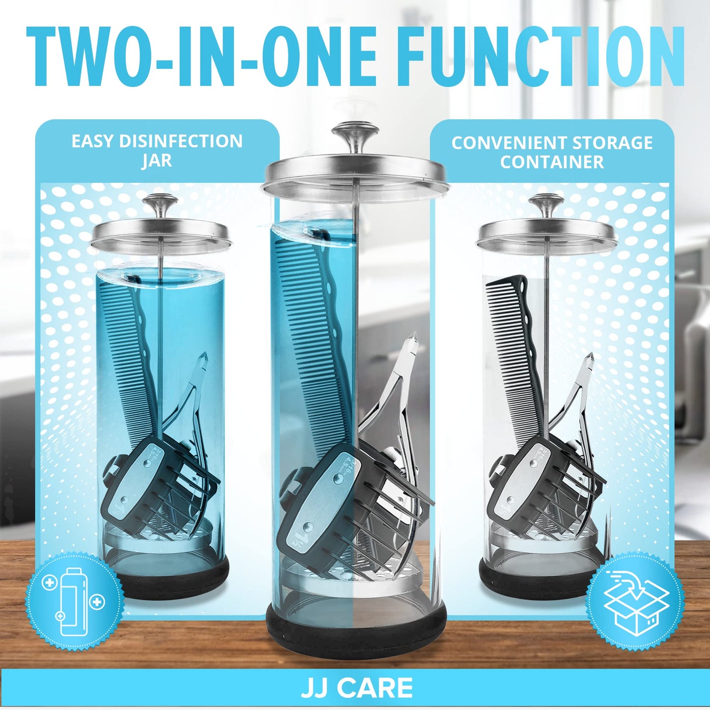 White Smoke JJ CARE Disinfectant Jar (35oz) - Barber Disinfectant Jar Glass, Sanitizer Container w/Stainless Steel Removable Strainer & Cap for Manicure, Salon, Spa and Barber Tools - Silver Lid